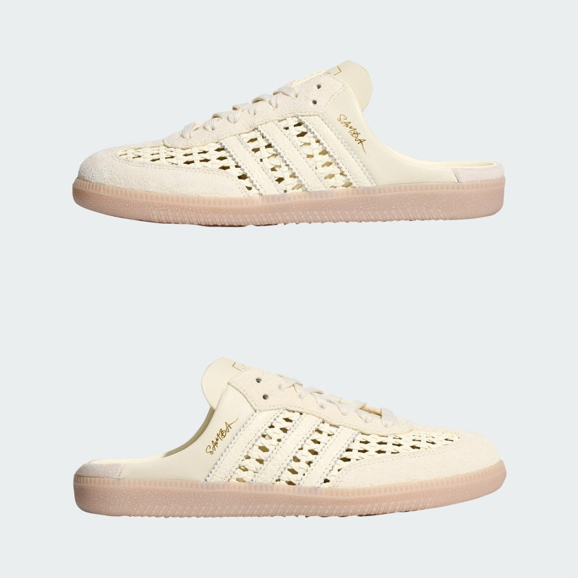 Cream Adidas Samba mule with woven upper and gum sole, backless slip-on style