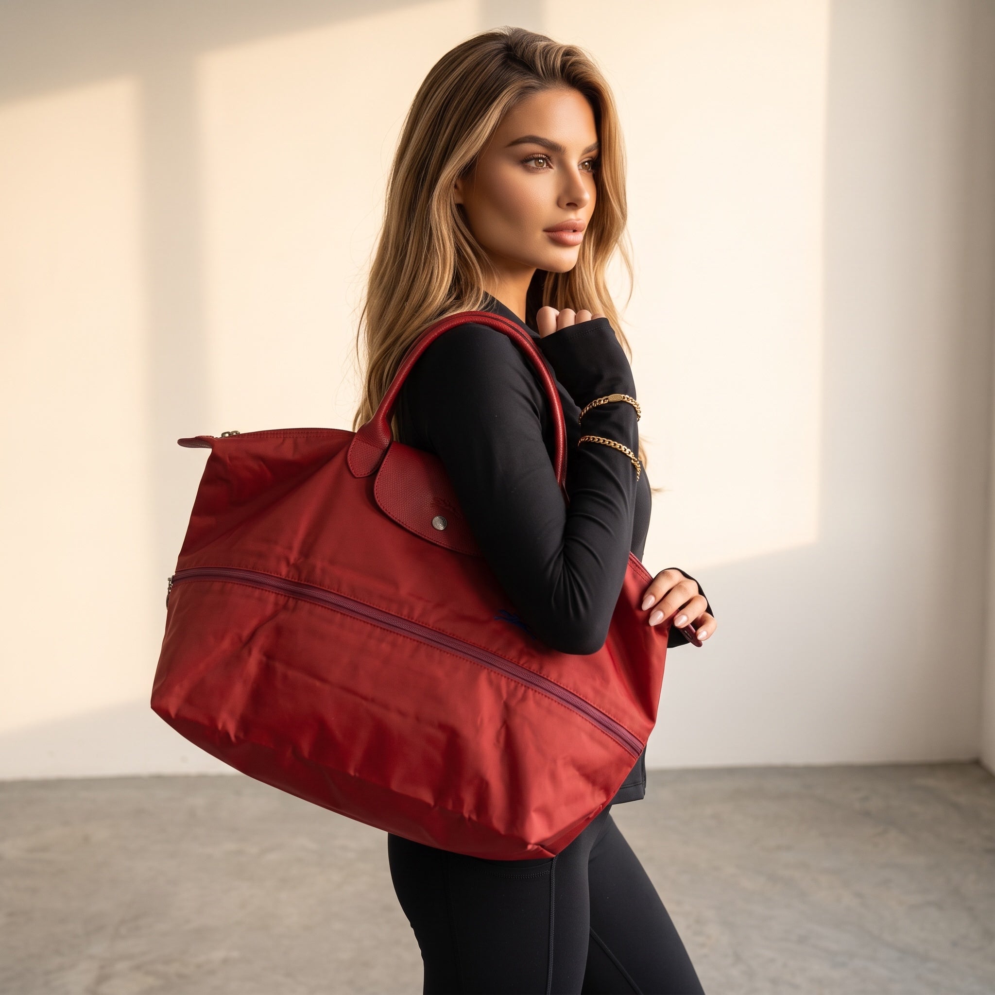red Longchamp Le Pliage large tote with leather flap and handles