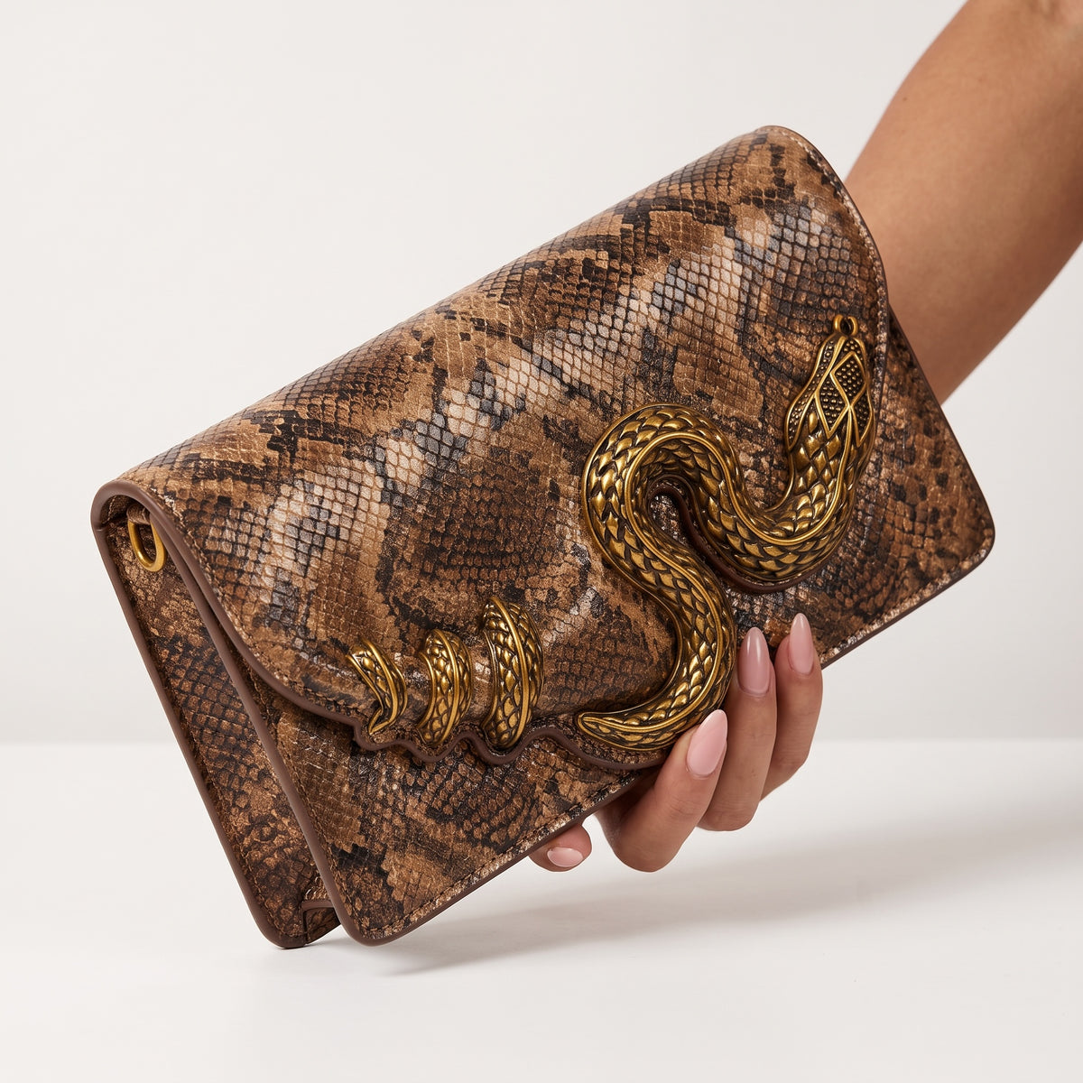 Roberto Cavalli brown snake-print clutch with antique-gold serpent hardware