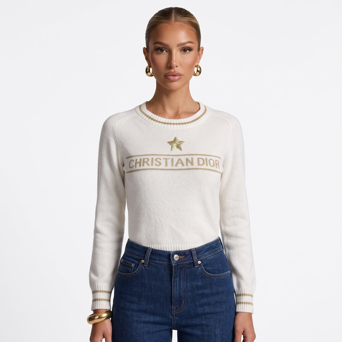 Ivory Christian Dior crewneck sweater with gold logo and star embroidered