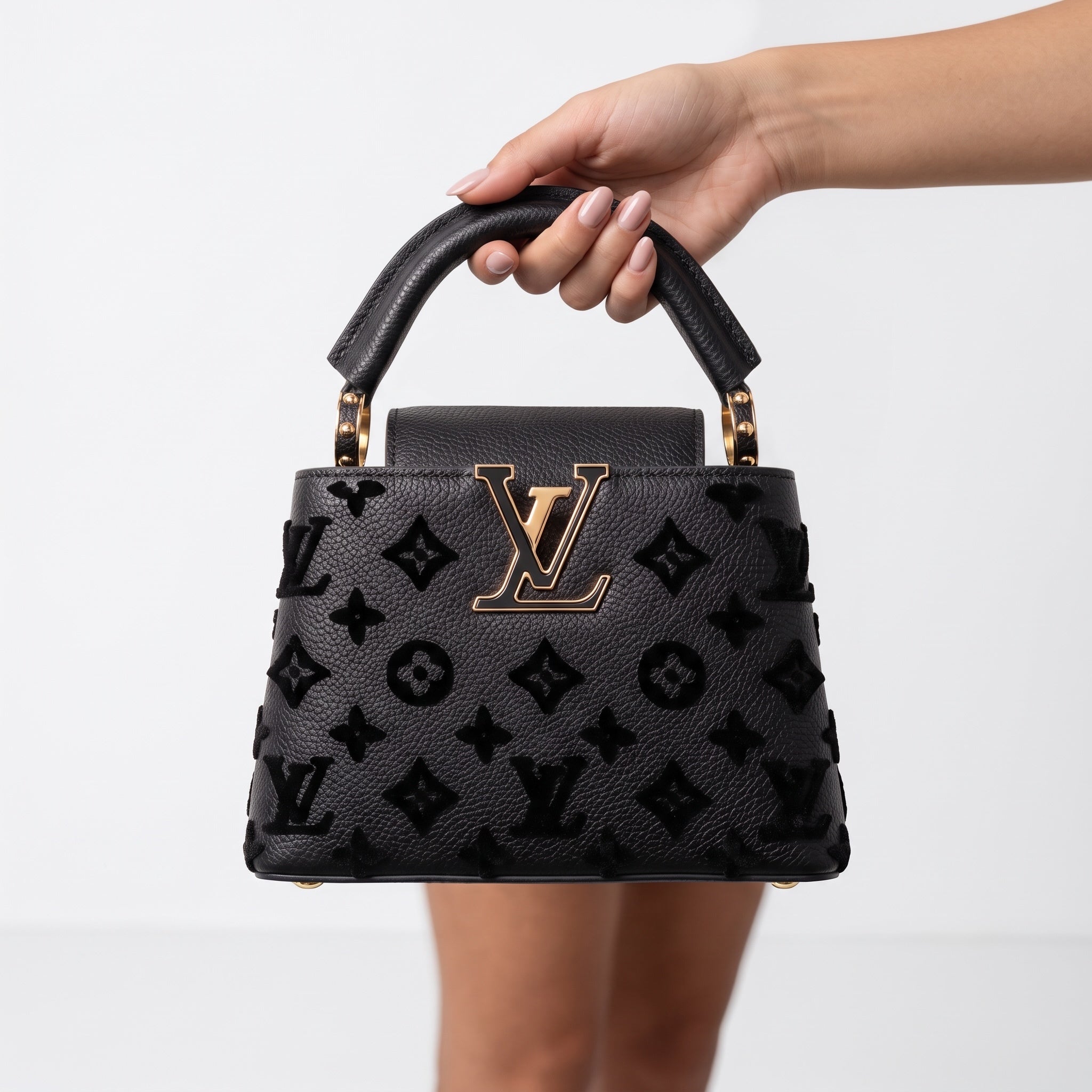 Black Louis Vuitton Capucines BB top-handle bag with gold LV plaque and monogram motif