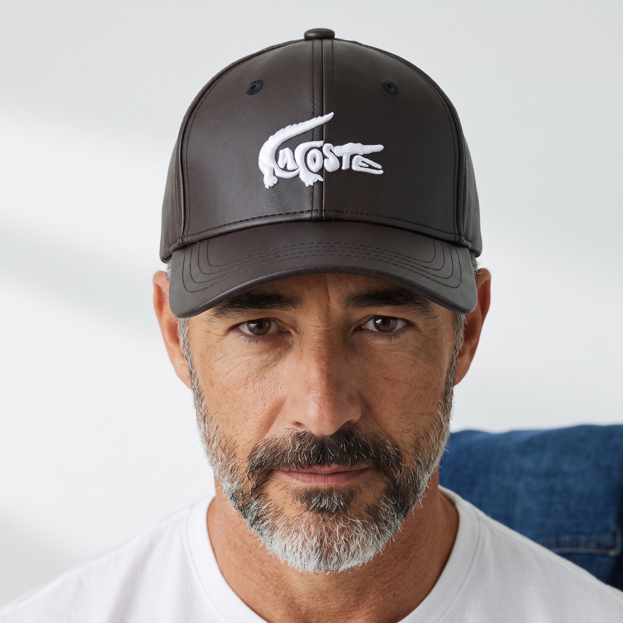 Man wearing a brown leather Lacoste baseball cap with embroidered crocodile logo