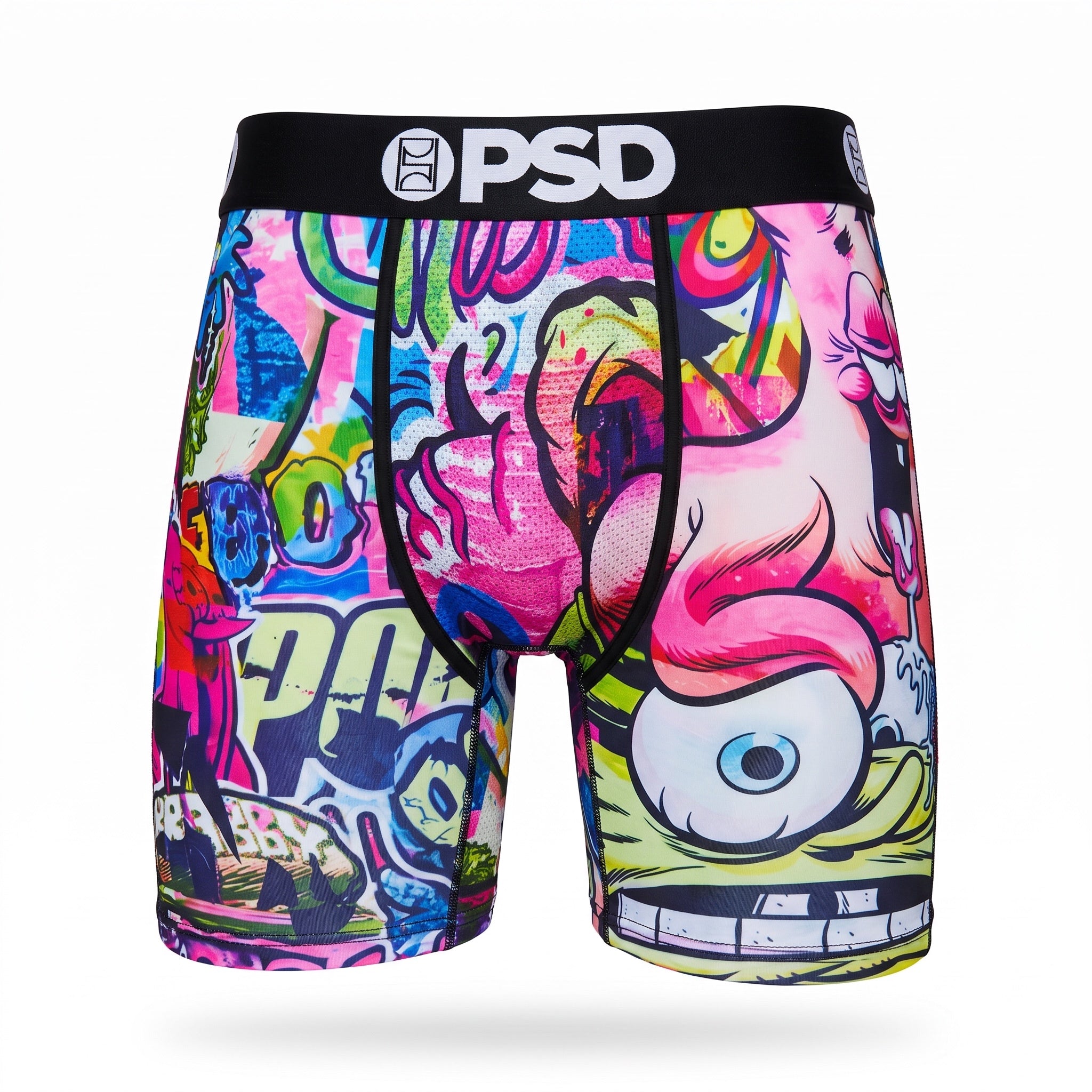 PSD men's boxer briefs with neon graffiti cartoon print and black logo waistband