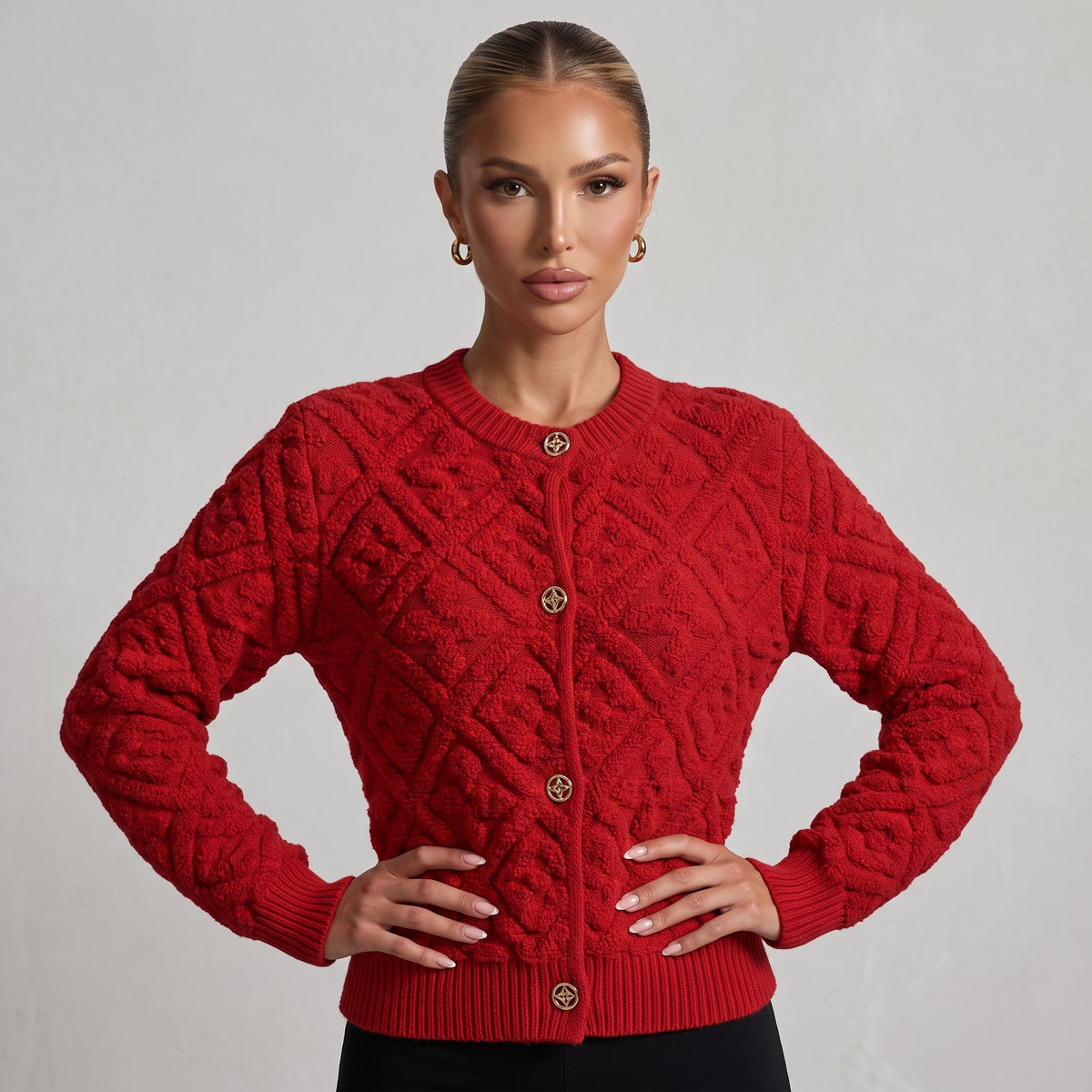 red Louis Vuitton textured knit cardigan with gold buttons