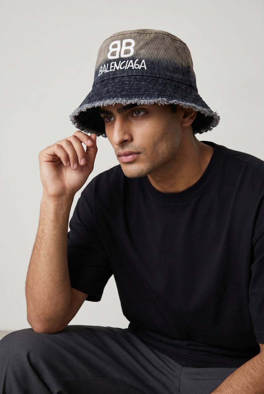 Balenciaga BB Logo Bucket Hat – Washed Grey Denim Edition 🧢🔥 - MASTERPIECE