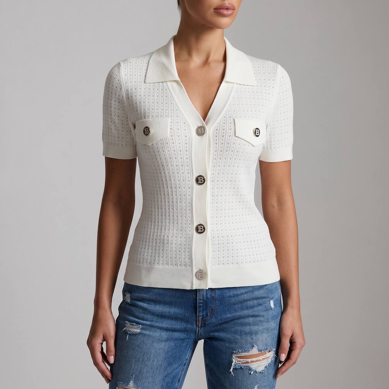 Balmain Cream Knit Short-Sleeve Cardigan with Silver Logo Buttons 🤍✨ - MASTERPIECE