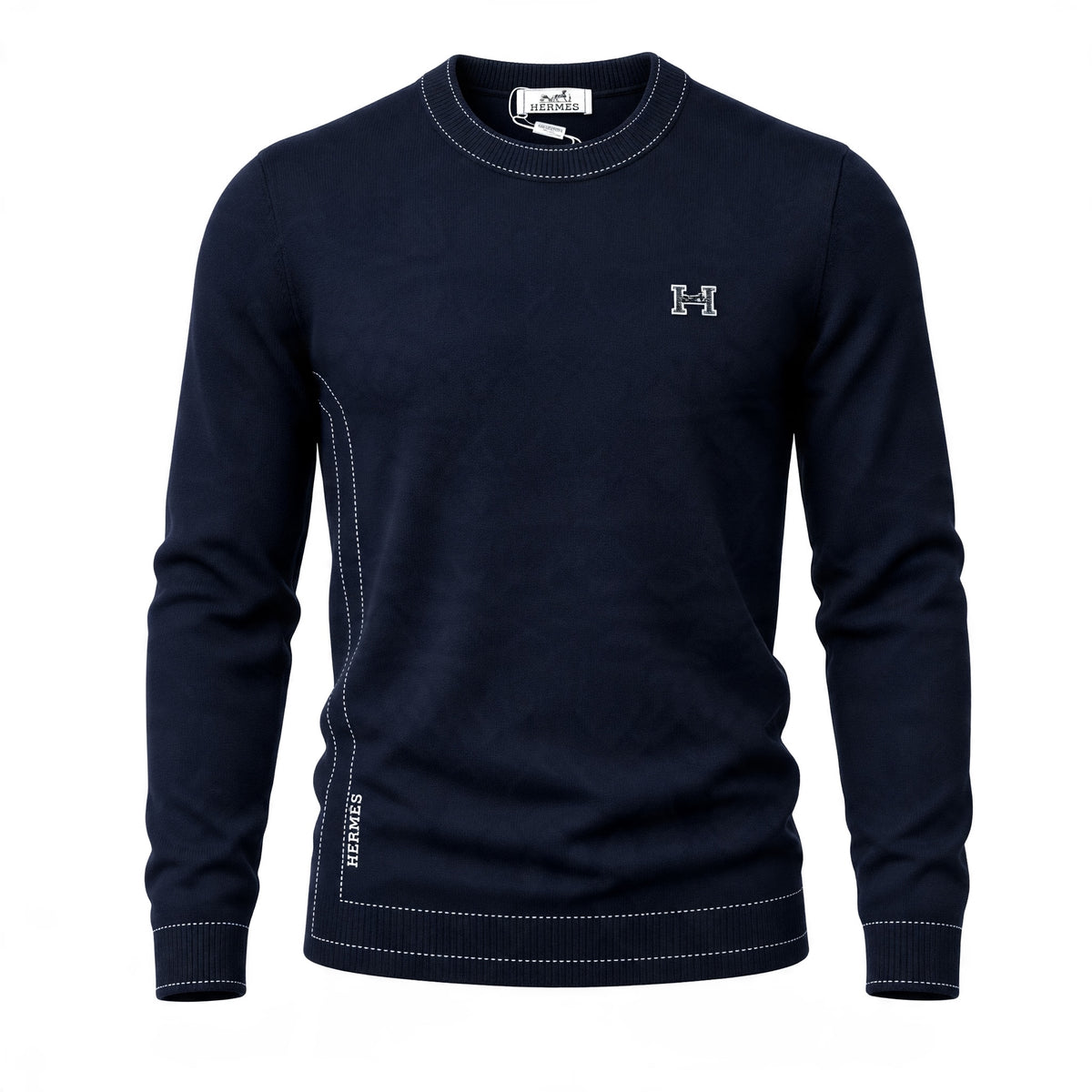 Hermes navy crewneck sweatshirt with white stitching and small H logo