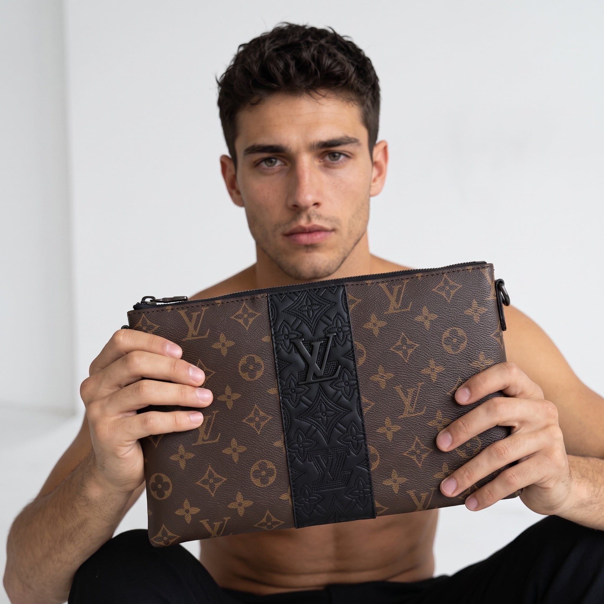 Louis Vuitton brown monogram clutch with black embossed strap held by model