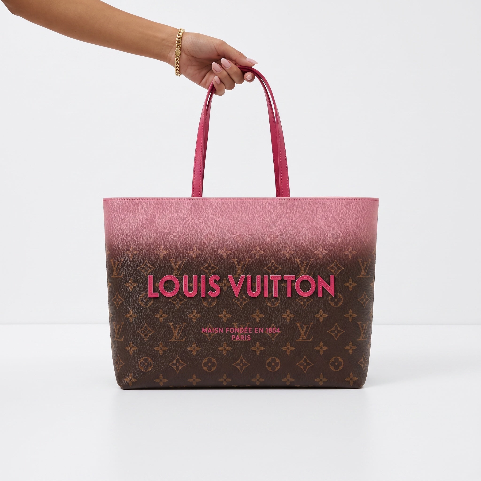 Louis Vuitton monogram tote bag with pink gradient and pink handles