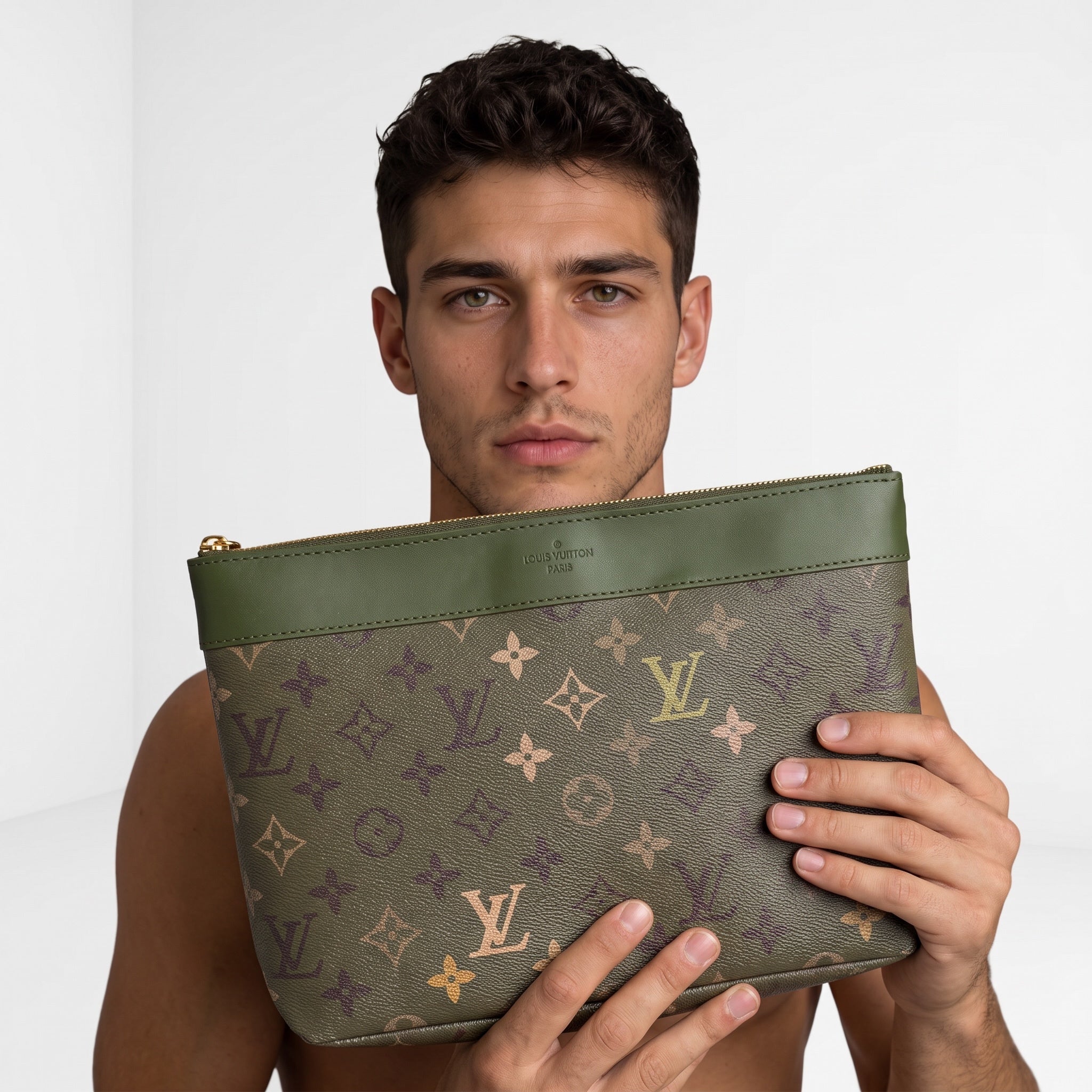 Louis Vuitton green monogram pouch with gold zipper and wristlet loop