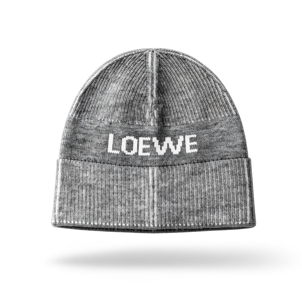 Grey Loewe knit beanie with white LOEWE logo on cuff