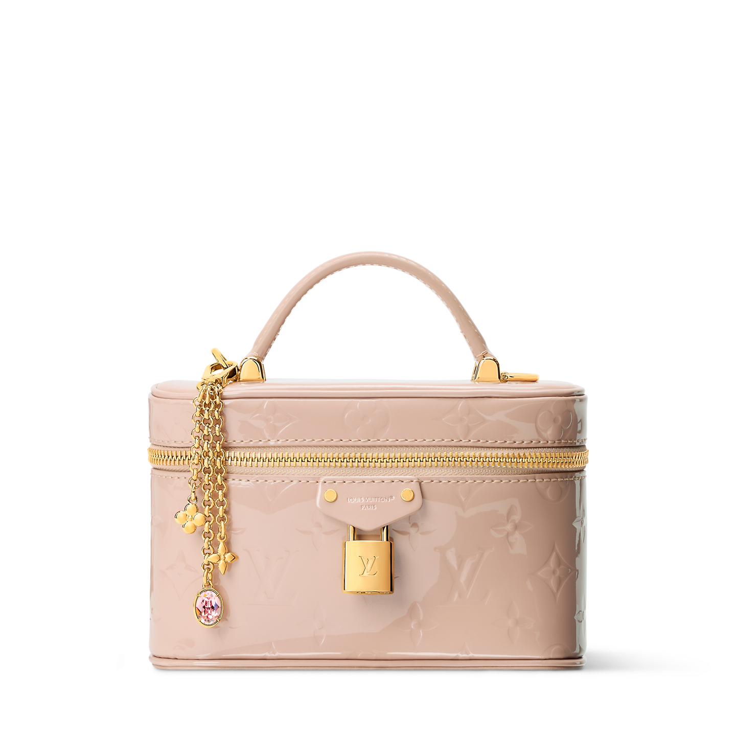 Louis Vuitton pale pink patent monogram vanity bag with top handle and gold lock