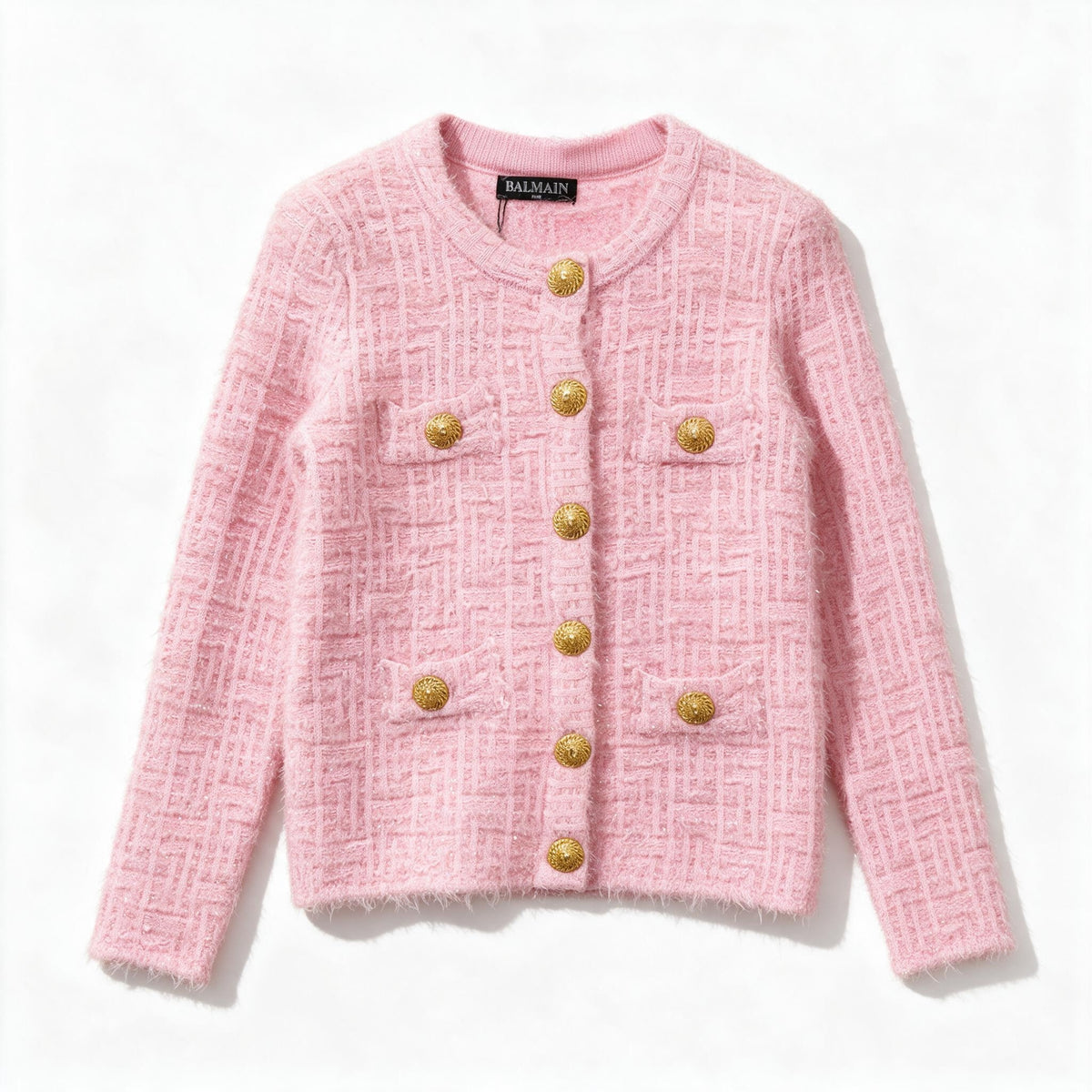 Balmain pink tweed bouclé cardigan with gold buttons