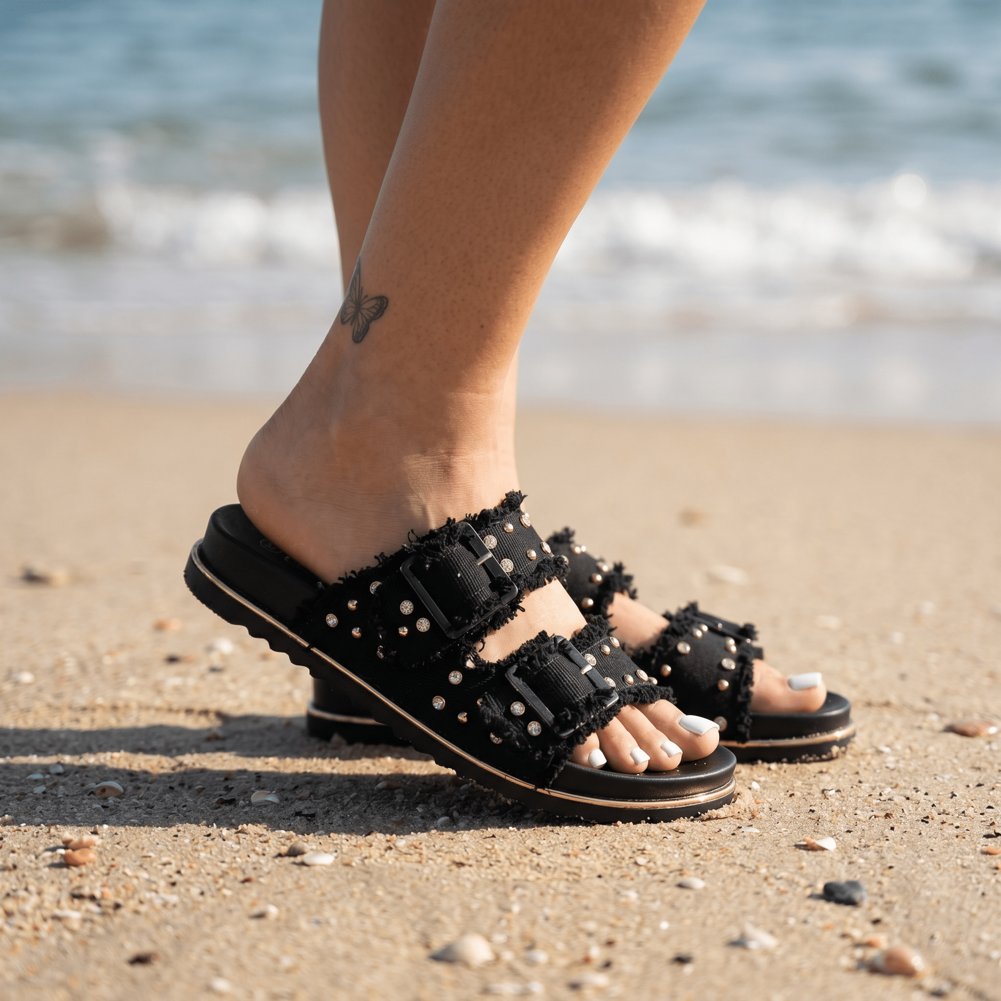 Boho Luxe Black Studded Double-Strap Slide Sandals 🖤✨👡 - MASTERPIECE