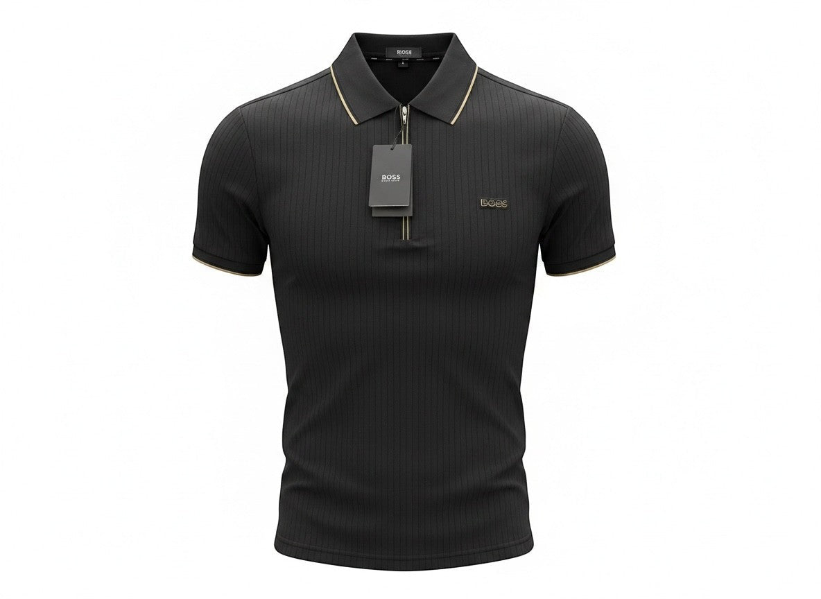 BOSS Black Zip Polo Shirt 🖤✨ Ribbed Luxury Fit - MASTERPIECE