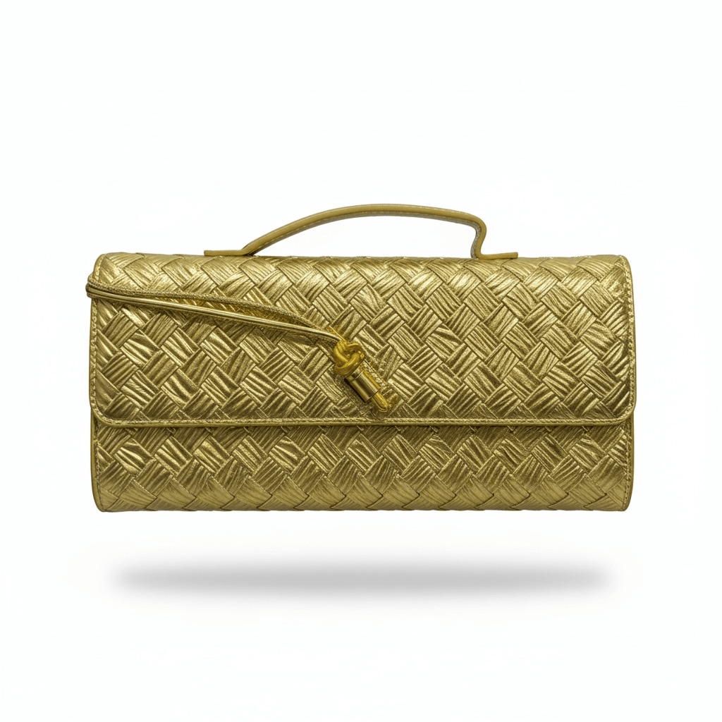 Bottega Veneta Gold Intrecciato Knot Clutch โ Luxury Evening Handbag - MASTERPIECE