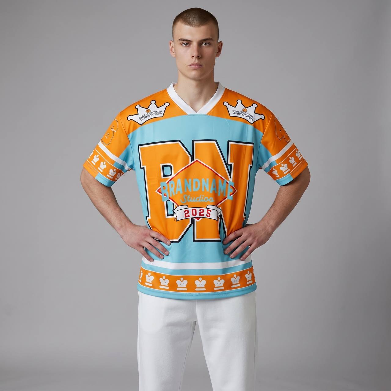 👑 Brandname Studios Oversized Varsity Jersey – Premium Streetwear Edition 💙🧡 - MASTERPIECE