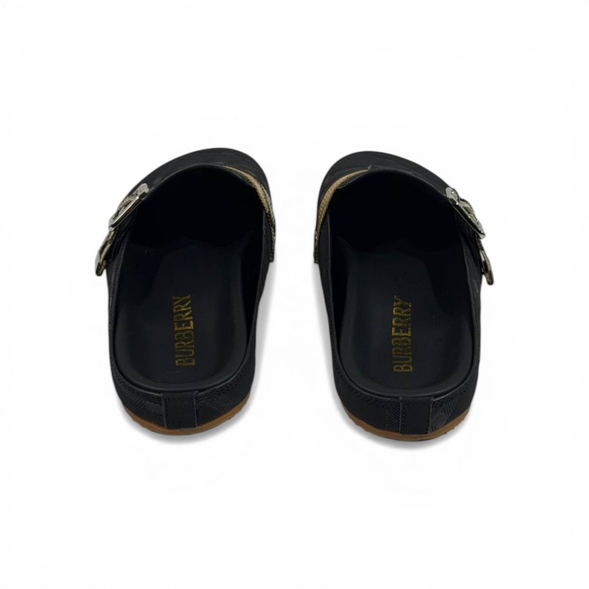 Burberry Black Check Slip-On Clogs with Buckle – Luxury Minimal Slides 🖤✨ - MASTERPIECE
