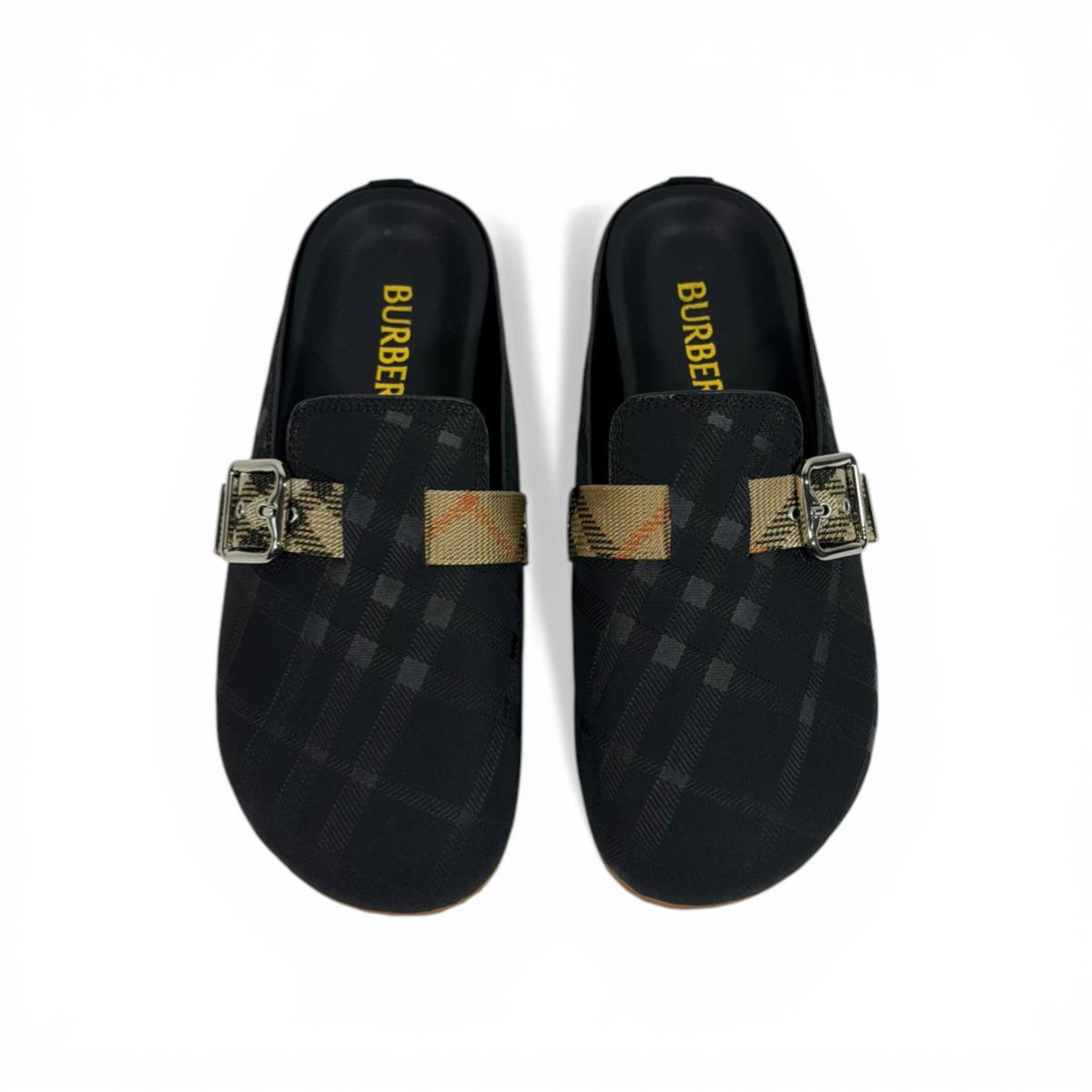Burberry Black Check Slip-On Clogs with Buckle – Luxury Minimal Slides 🖤✨ - MASTERPIECE