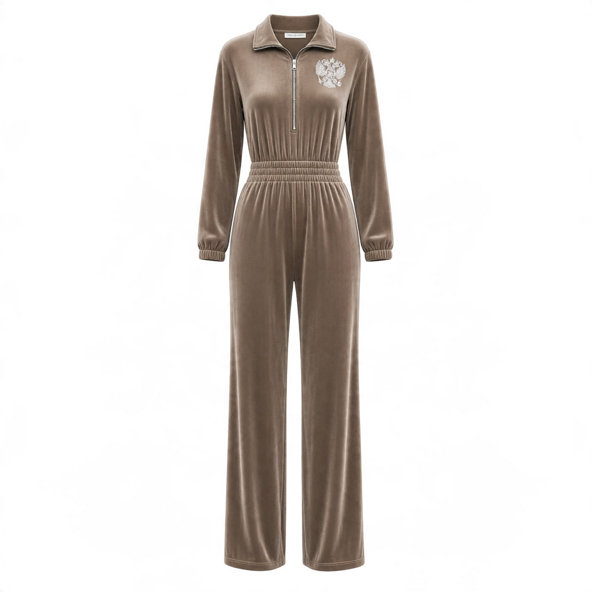 taupe velour jumpsuit with half zip collar, elastic waist, wide legs and embellished crest on chest and back