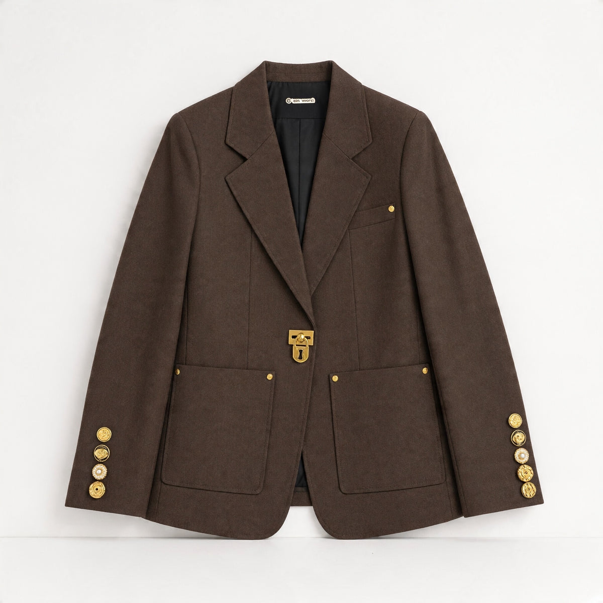 Chocolate brown tailored blazer with gold lock clasp and gold buttons on sleeves
