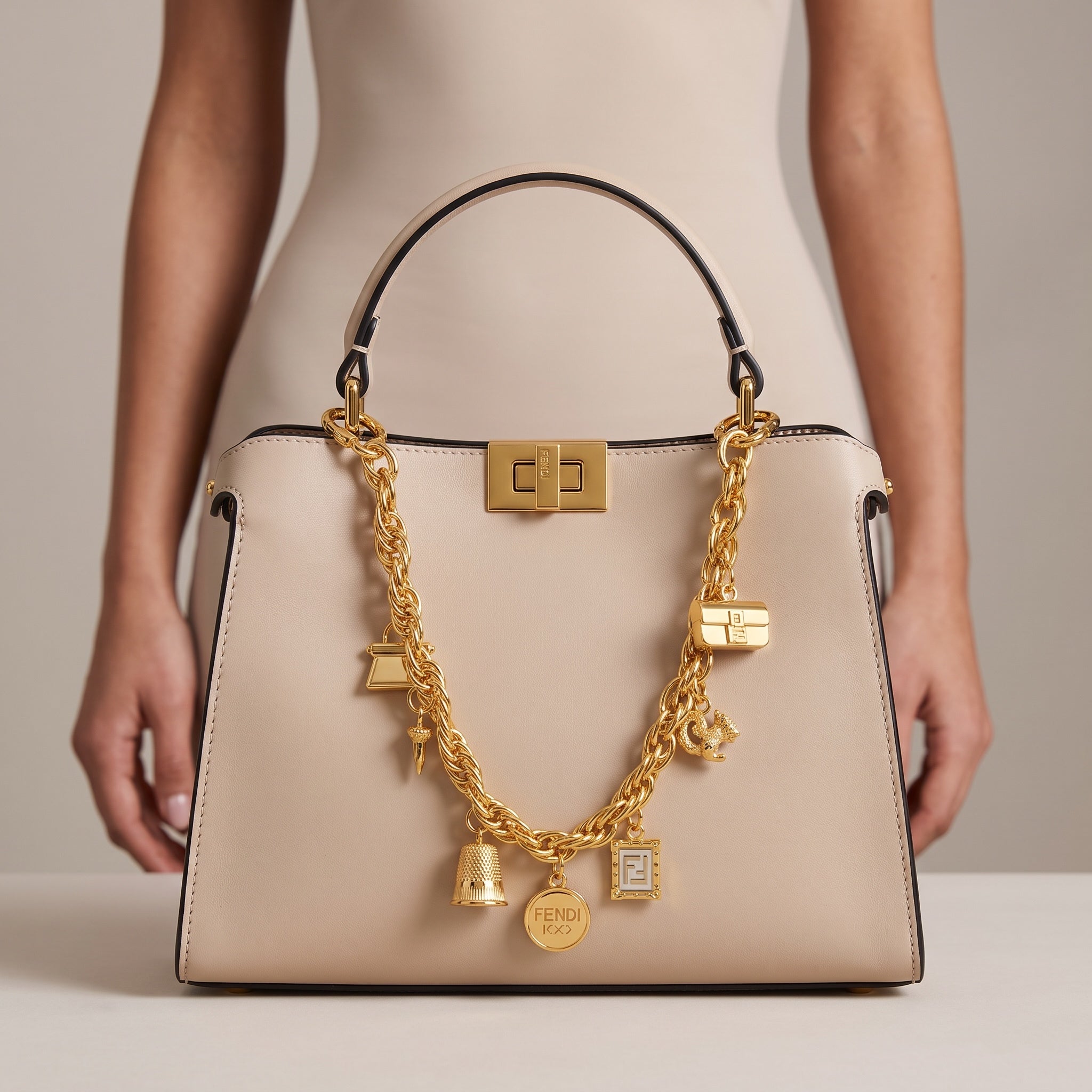 Beige Fendi top-handle bag with gold charm chain and wide logo strap