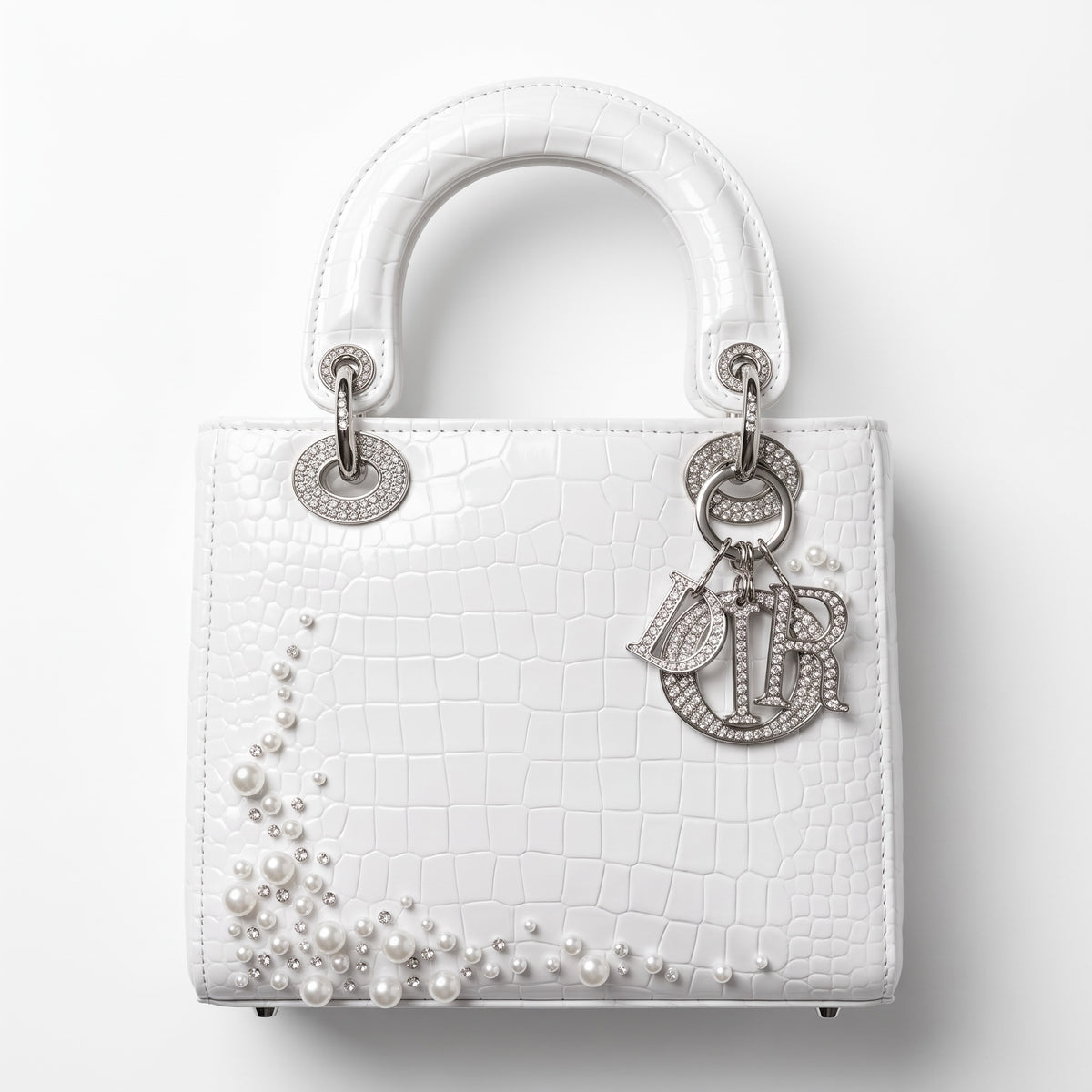 White croc-embossed Dior Lady tote with pearl embellishments and Dior letter charms