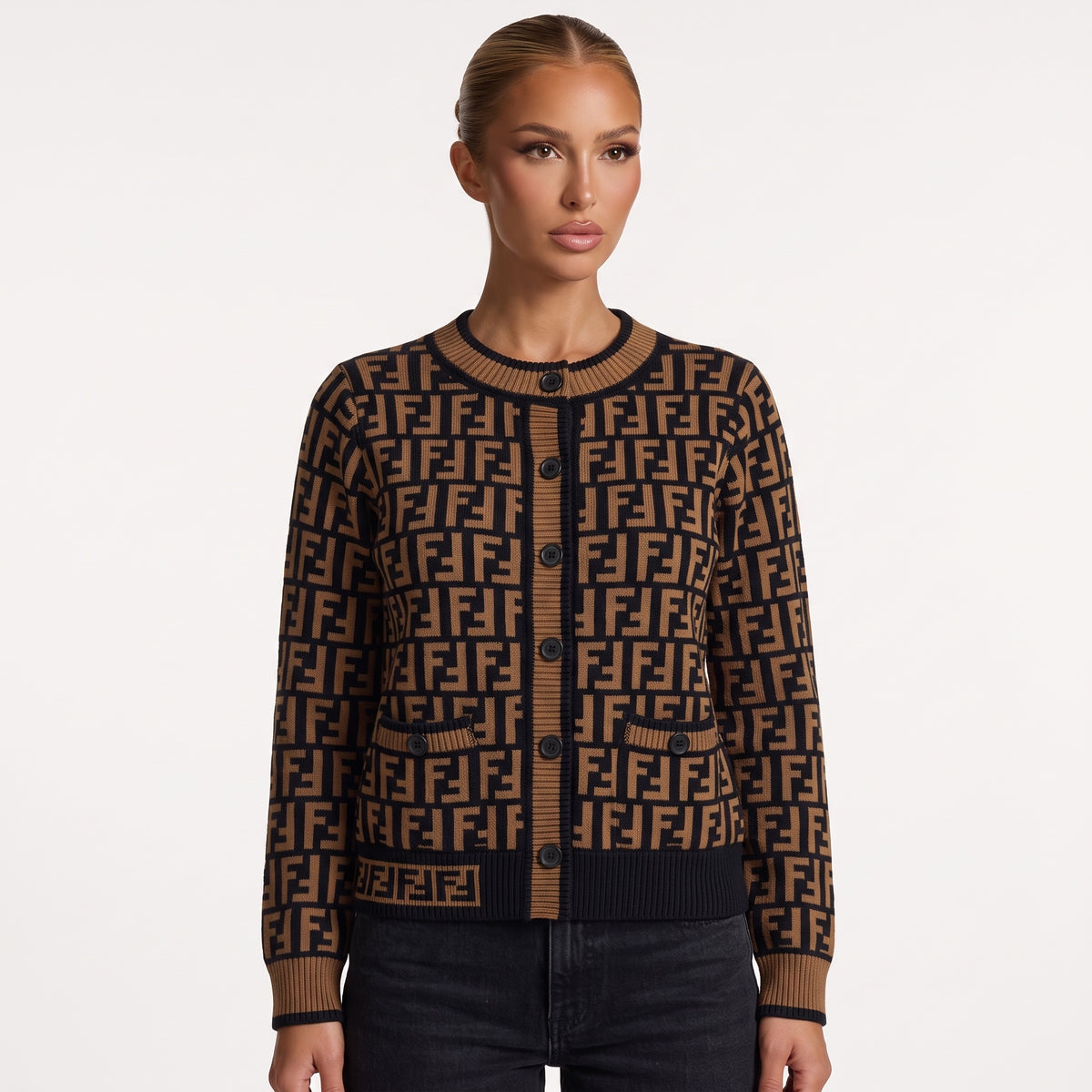Fendi brown and black FF monogram crewneck cardigan with buttons and patch pockets
