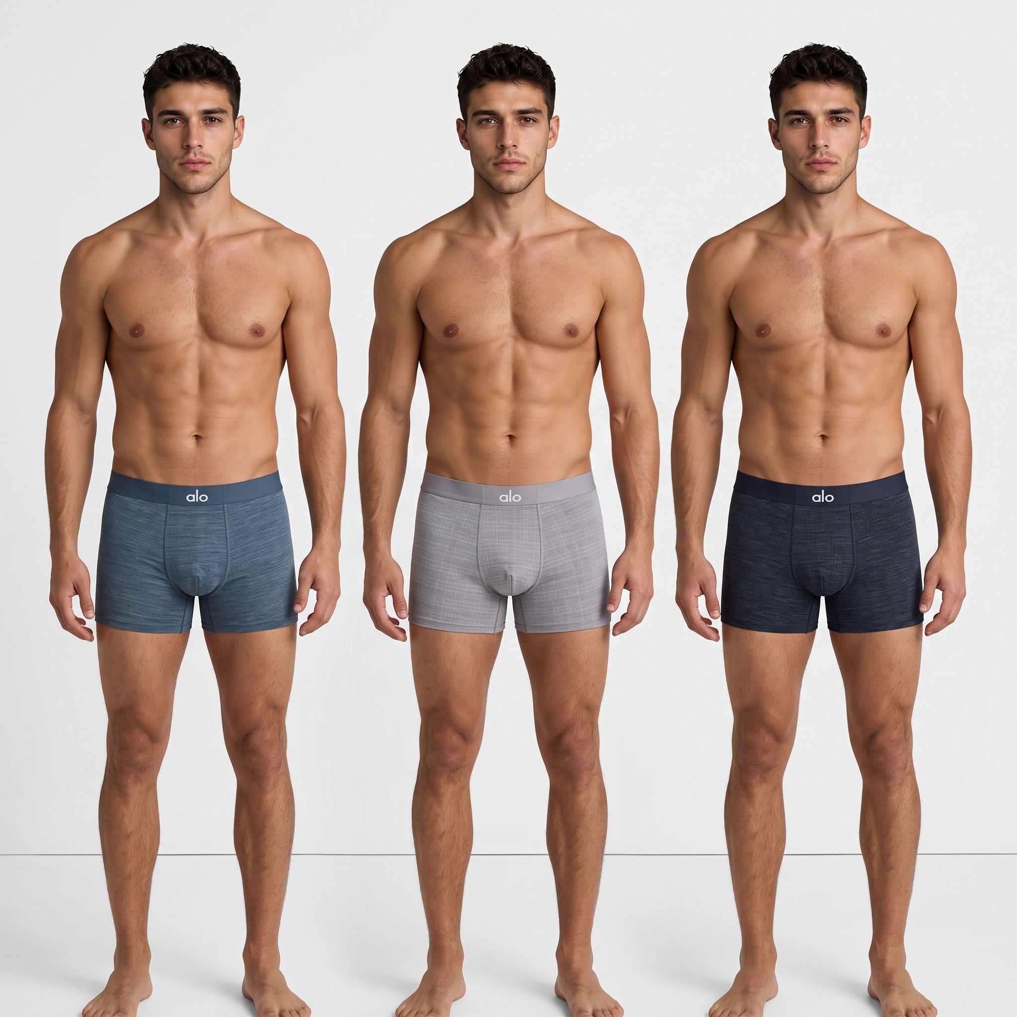 three male torsos wearing alo boxer briefs in blue grey light grey and navy