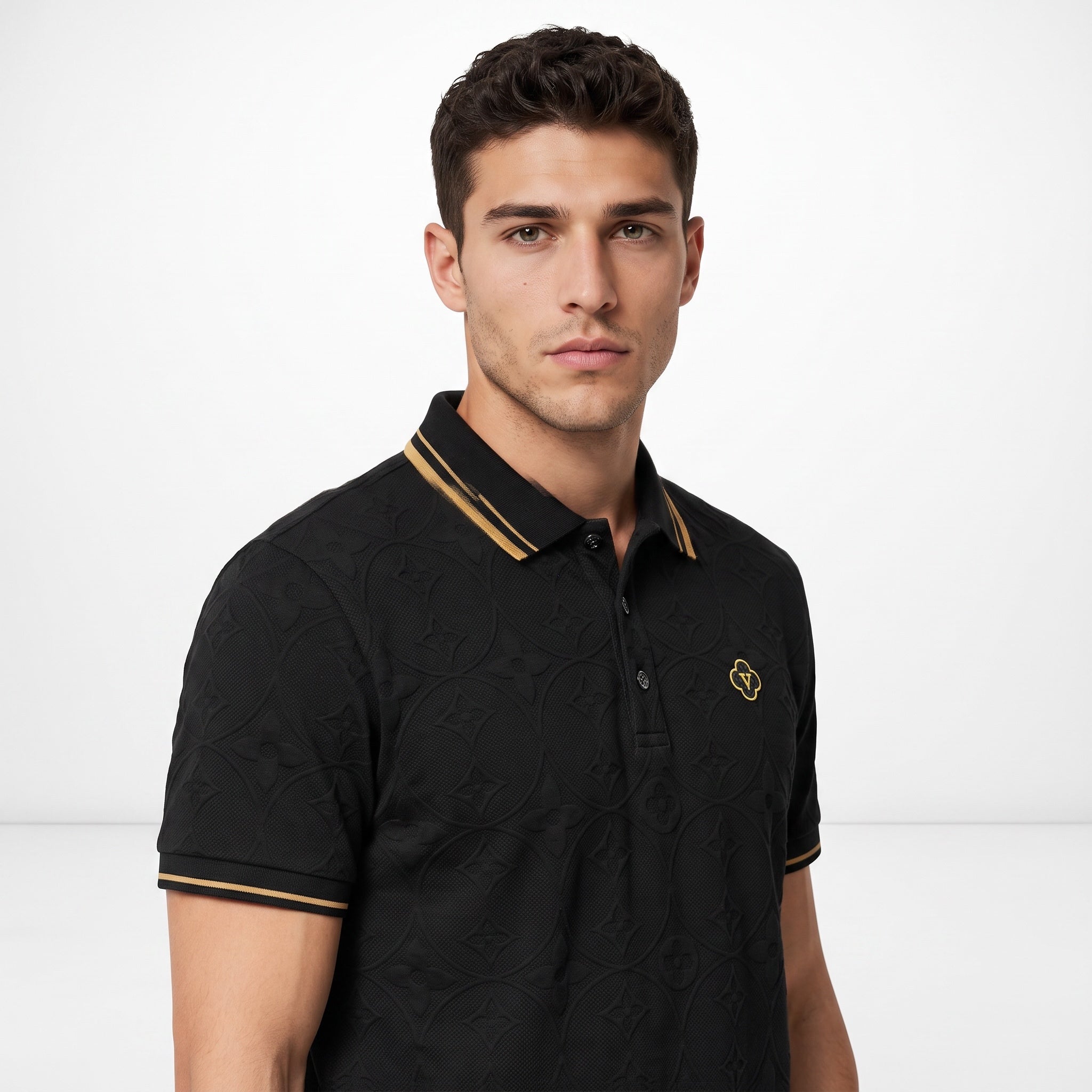 black Louis Vuitton polo shirt with tonal monogram and gold striped collar