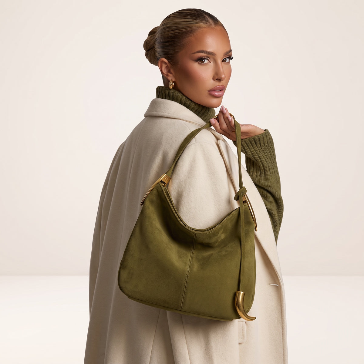 olive hobo shoulder bag with gold horn hardware