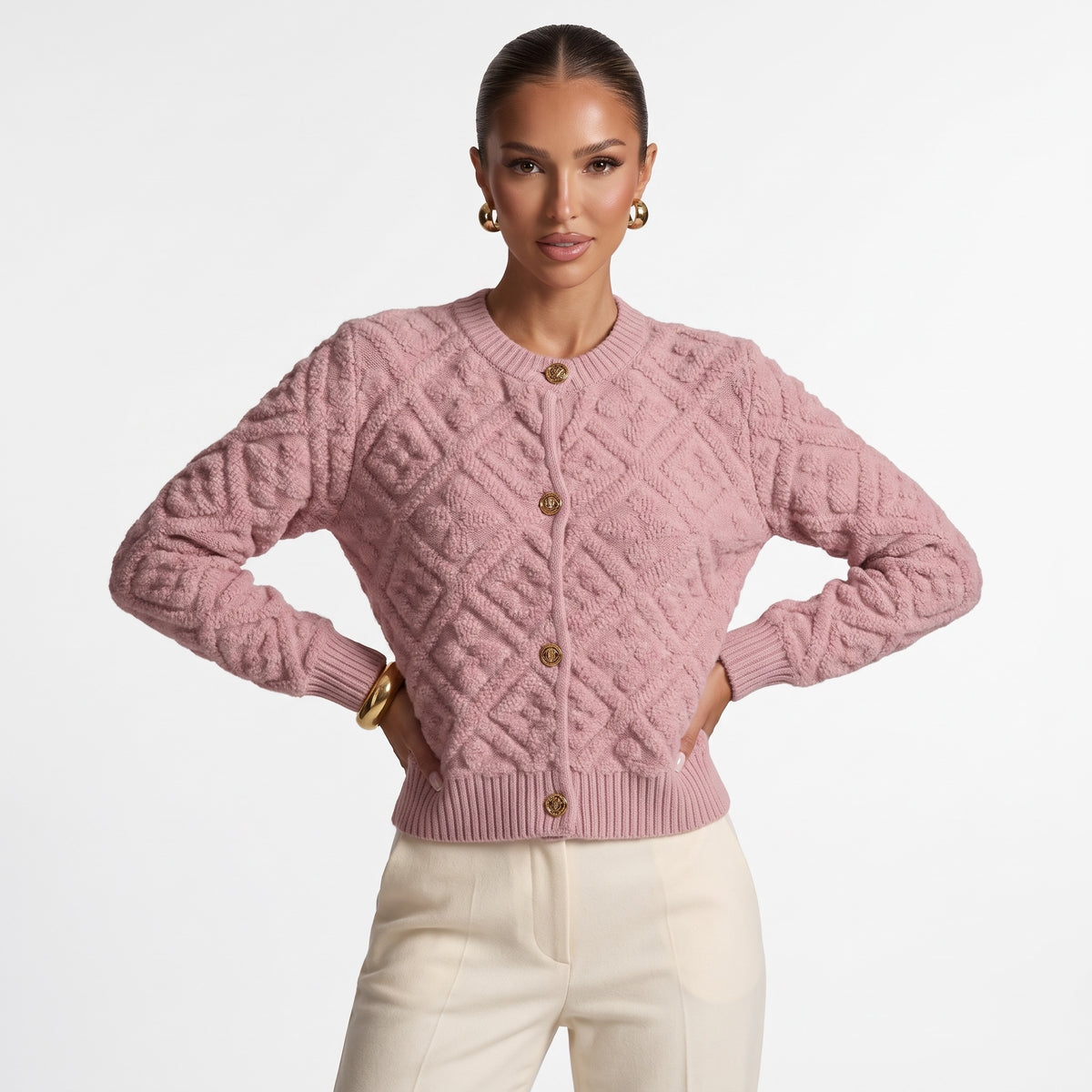 Louis Vuitton pink textured bouclé cardigan with gold buttons