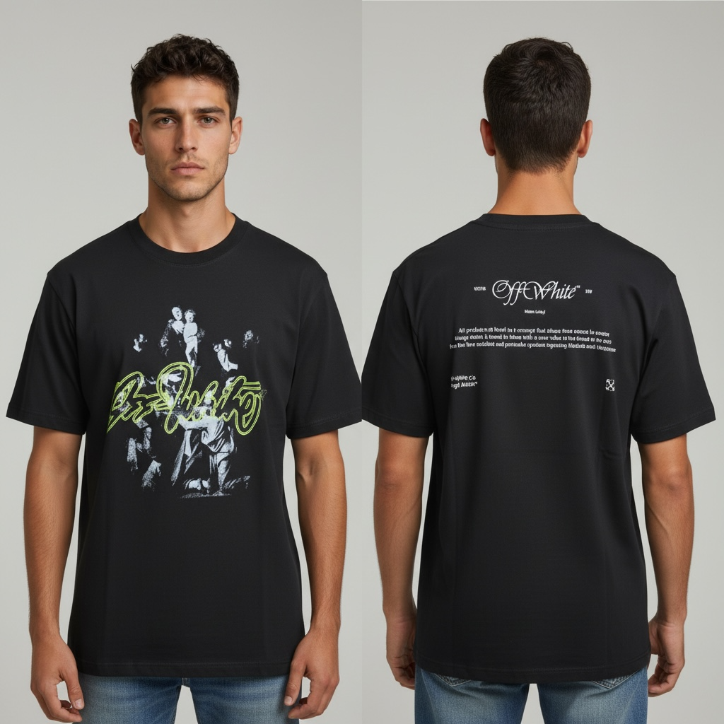 Off-White black crewneck T-shirt with neon script front graphic and back text panel