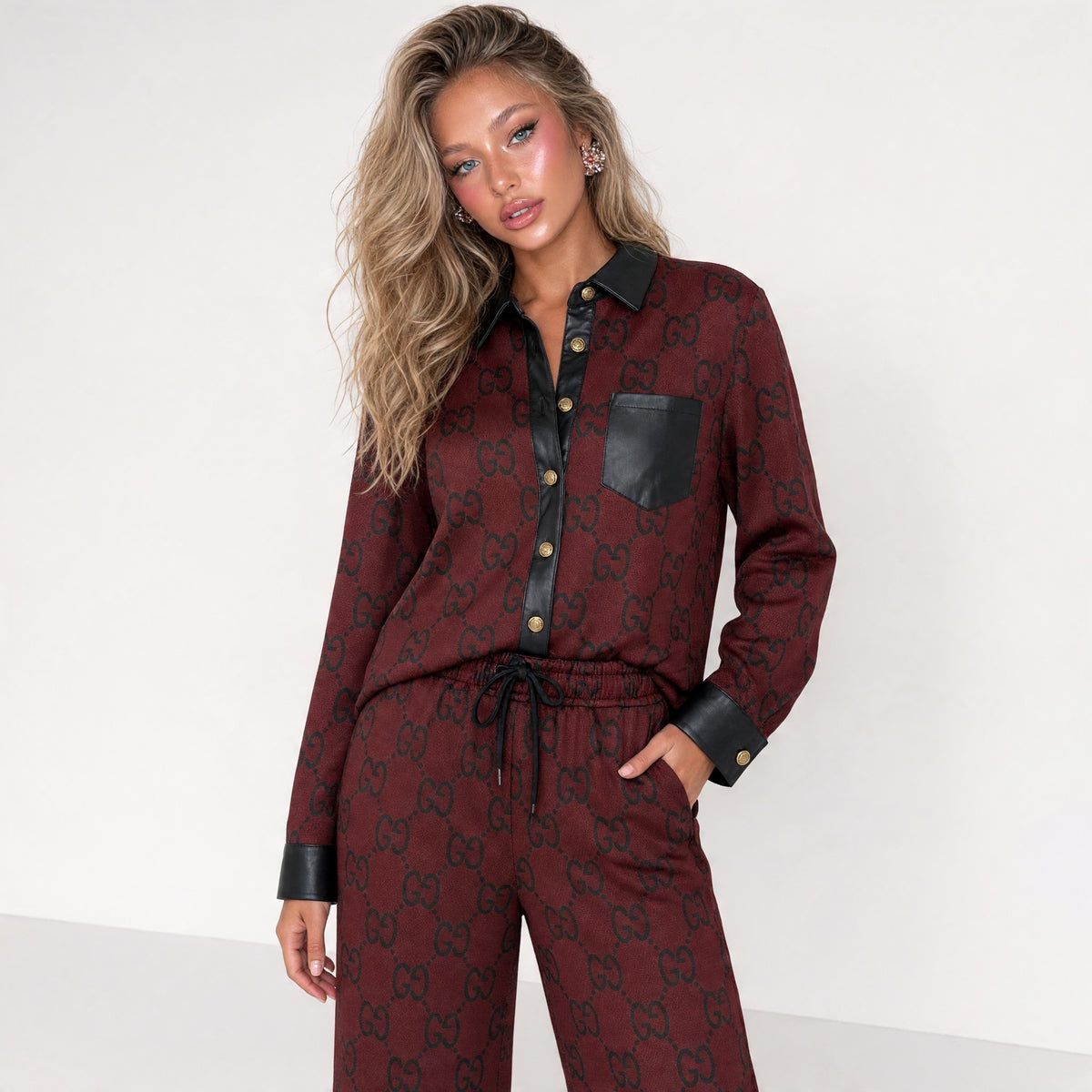 Gucci burgundy GG printed shirt with black trim and matching drawstring trousers set