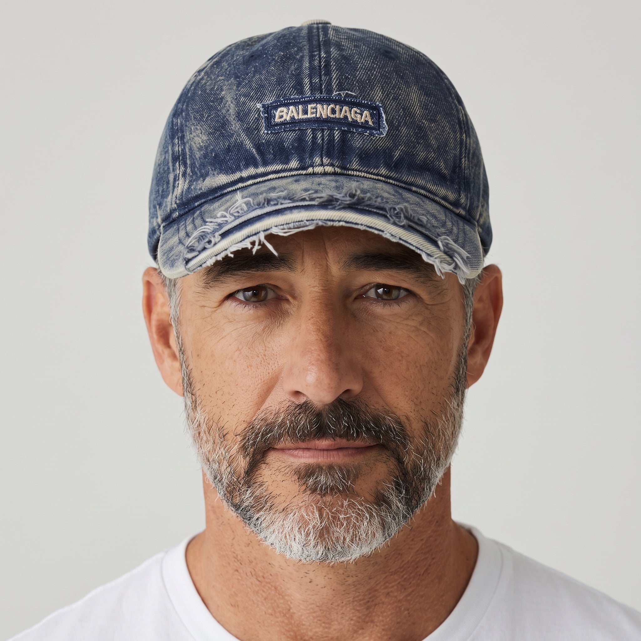 Man wearing a washed navy blue Balenciaga distressed denim baseball cap with frayed brim and embroidered logo patch