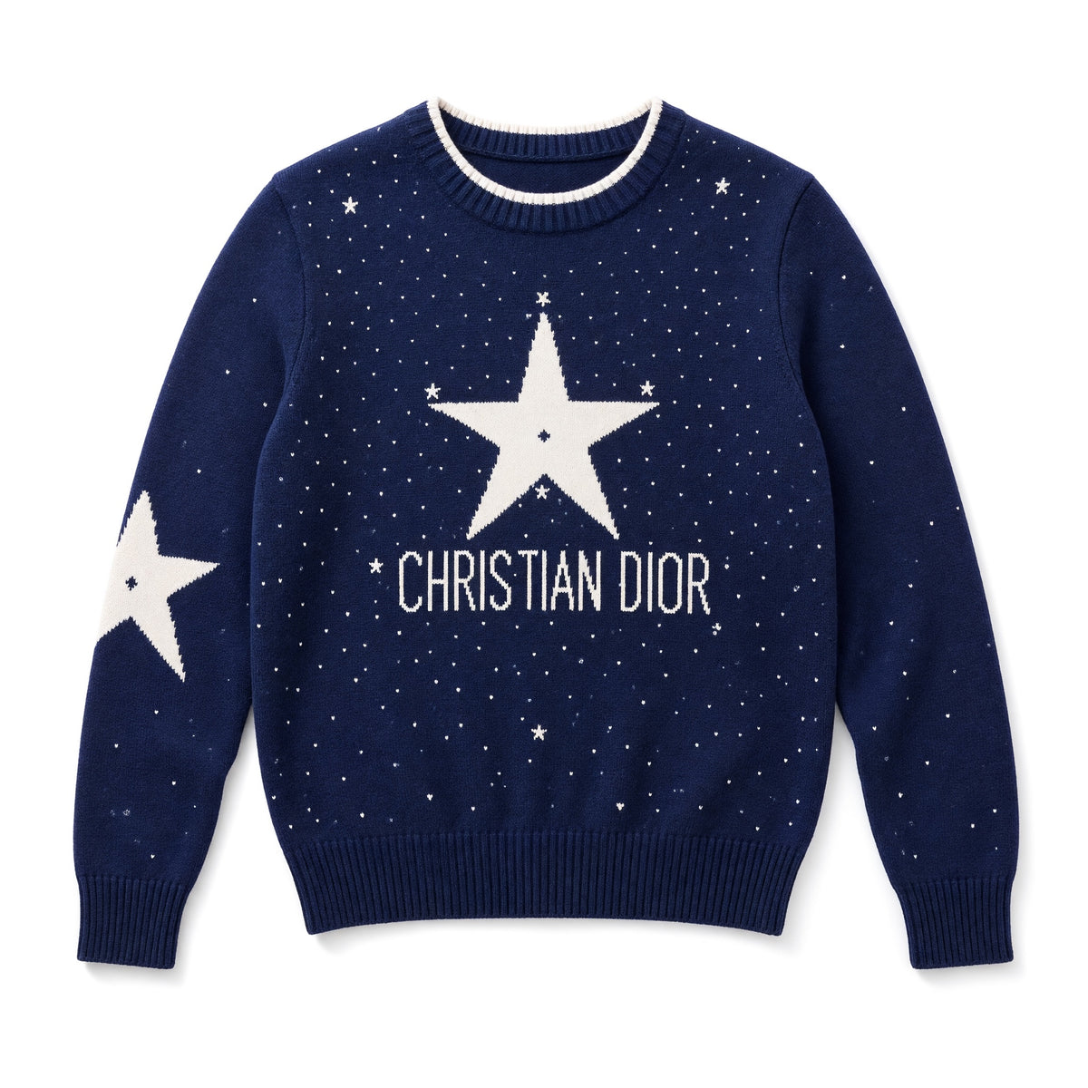 Navy Christian Dior crewneck sweater with white star motif and logo