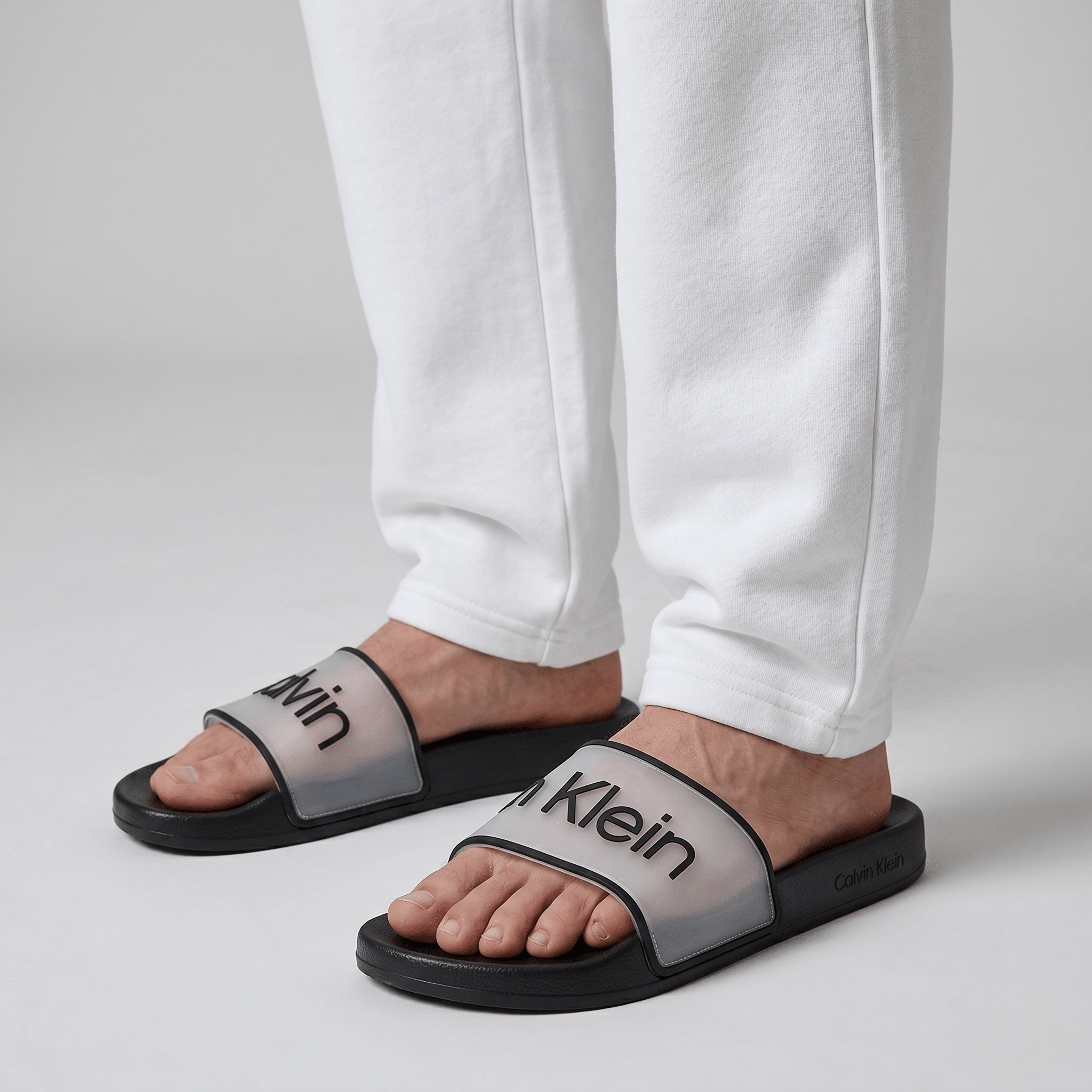 Calvin Klein Black Transparent Logo Slides – Modern Minimalist Summer Sandals 🖤👡 - MASTERPIECE