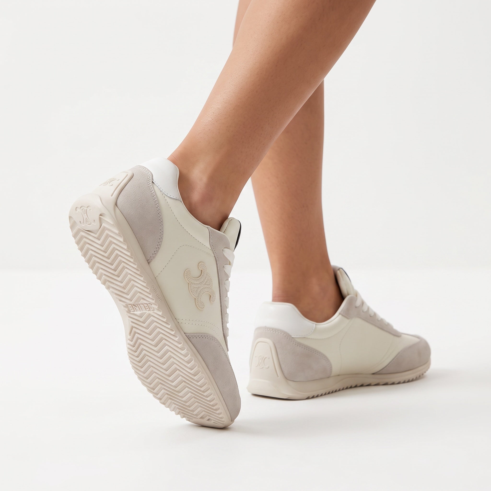 Celine cream and white Triomphe logo low-top sneakers