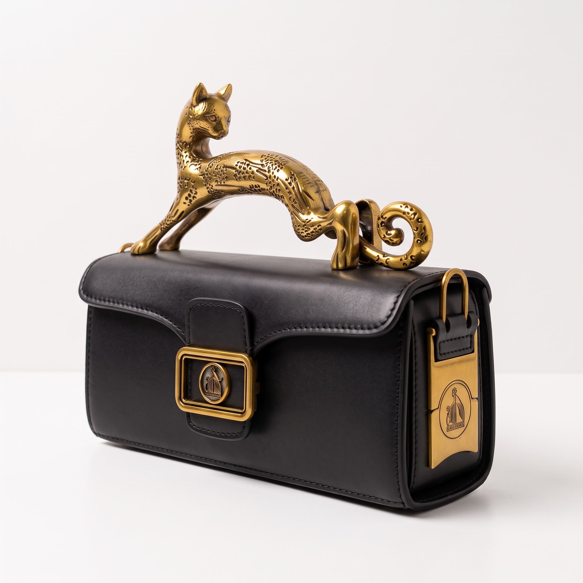 Black mini top-handle bag with sculptural gold cat handle and gold hardware