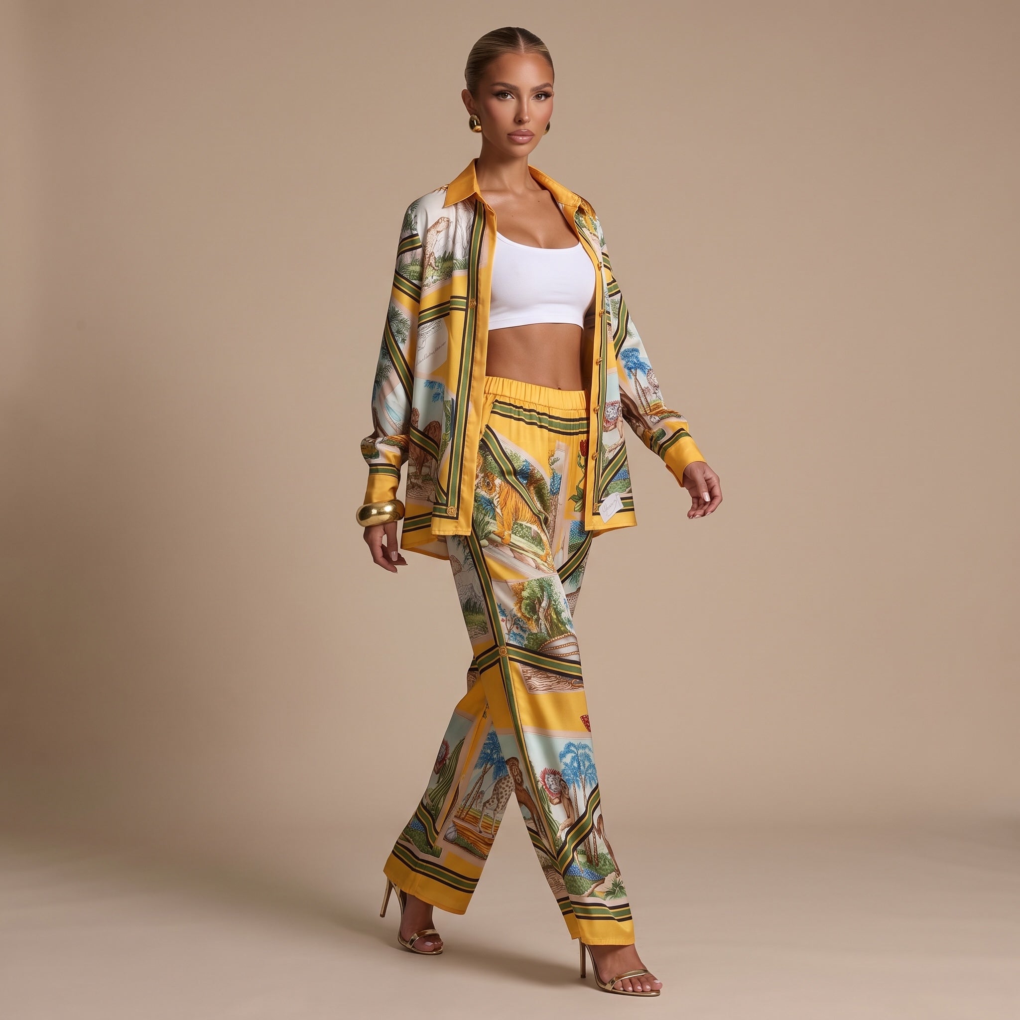 Yellow printed two-piece pajama set with button shirt and wide-leg trousers