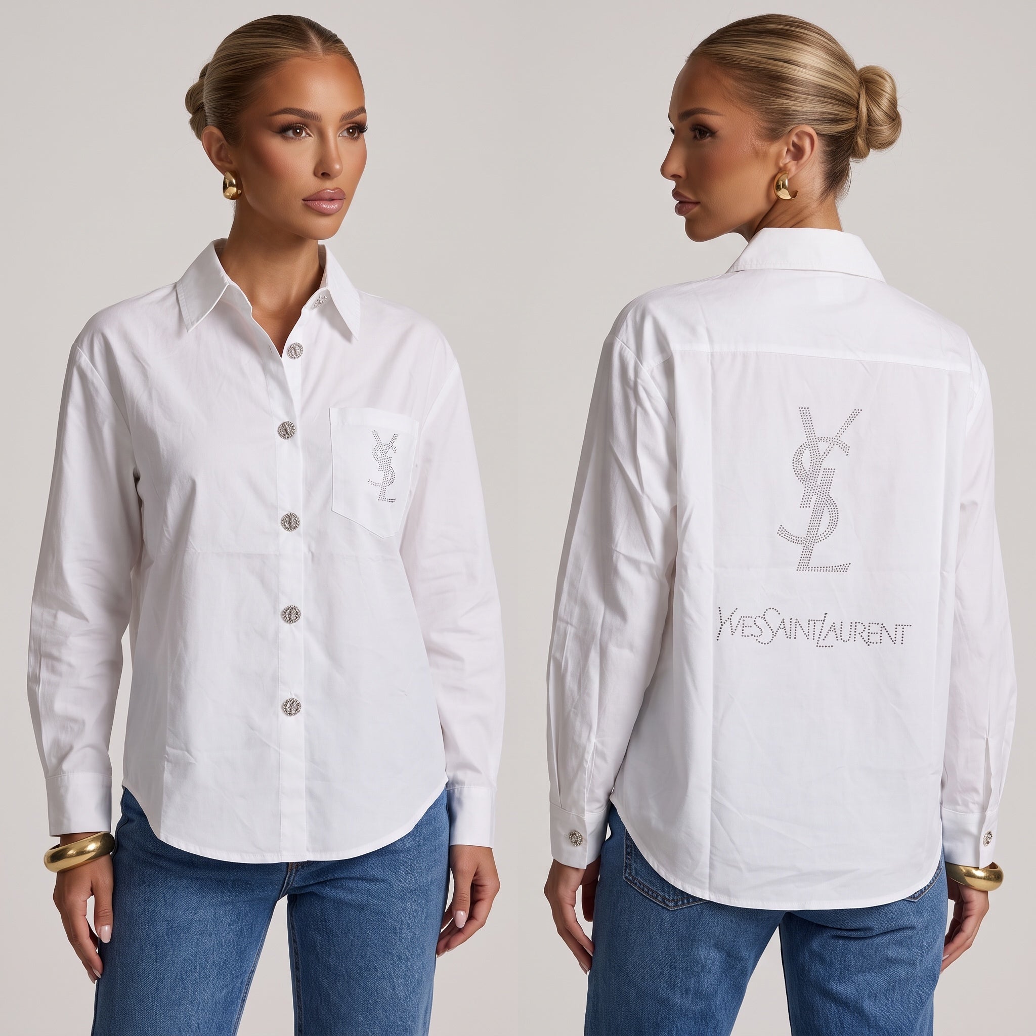 Saint Laurent white button-up shirt with crystal YSL logo on pocket and down back