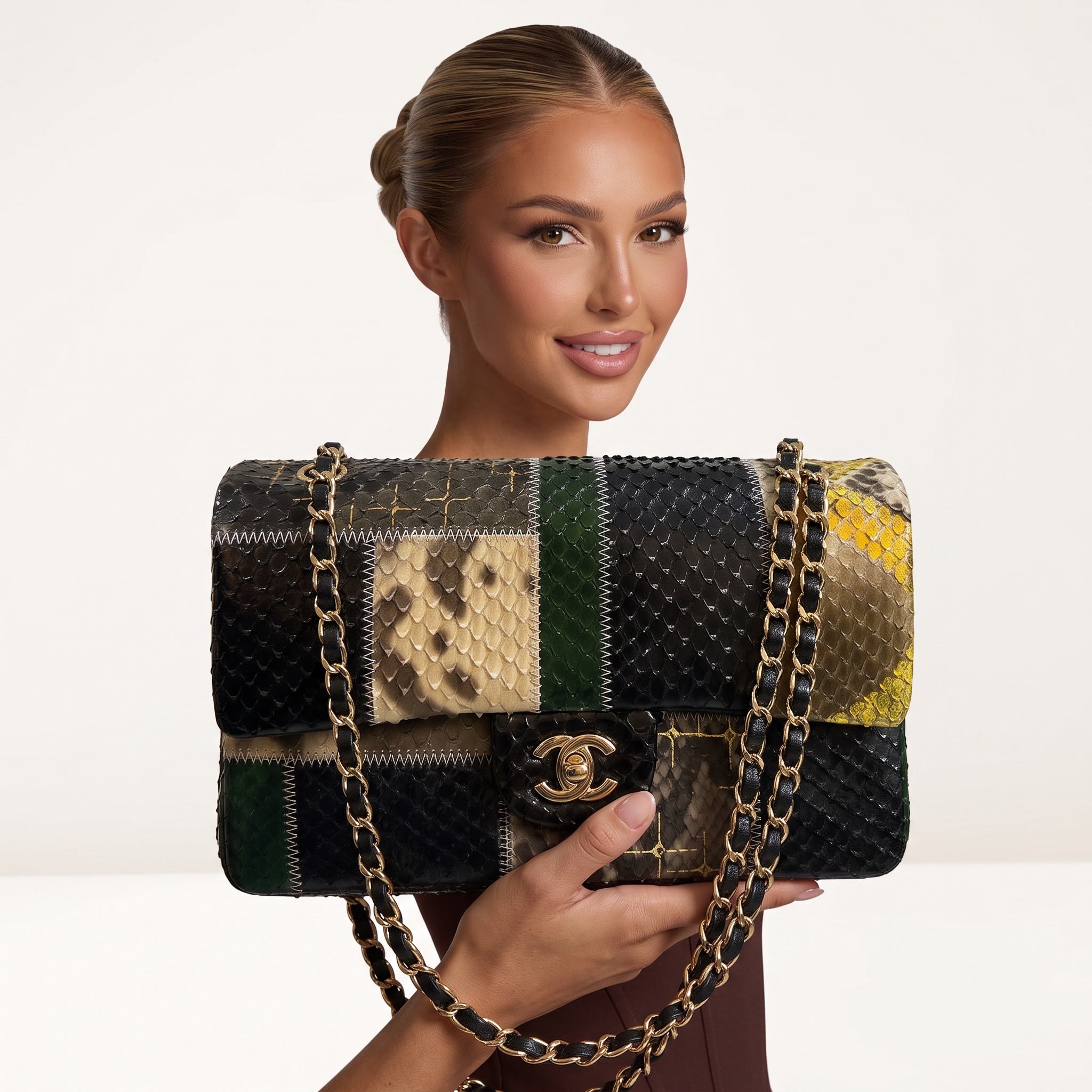 Chanel patchwork snakeskin classic flap bag with gold chain strap and CC turn-lock