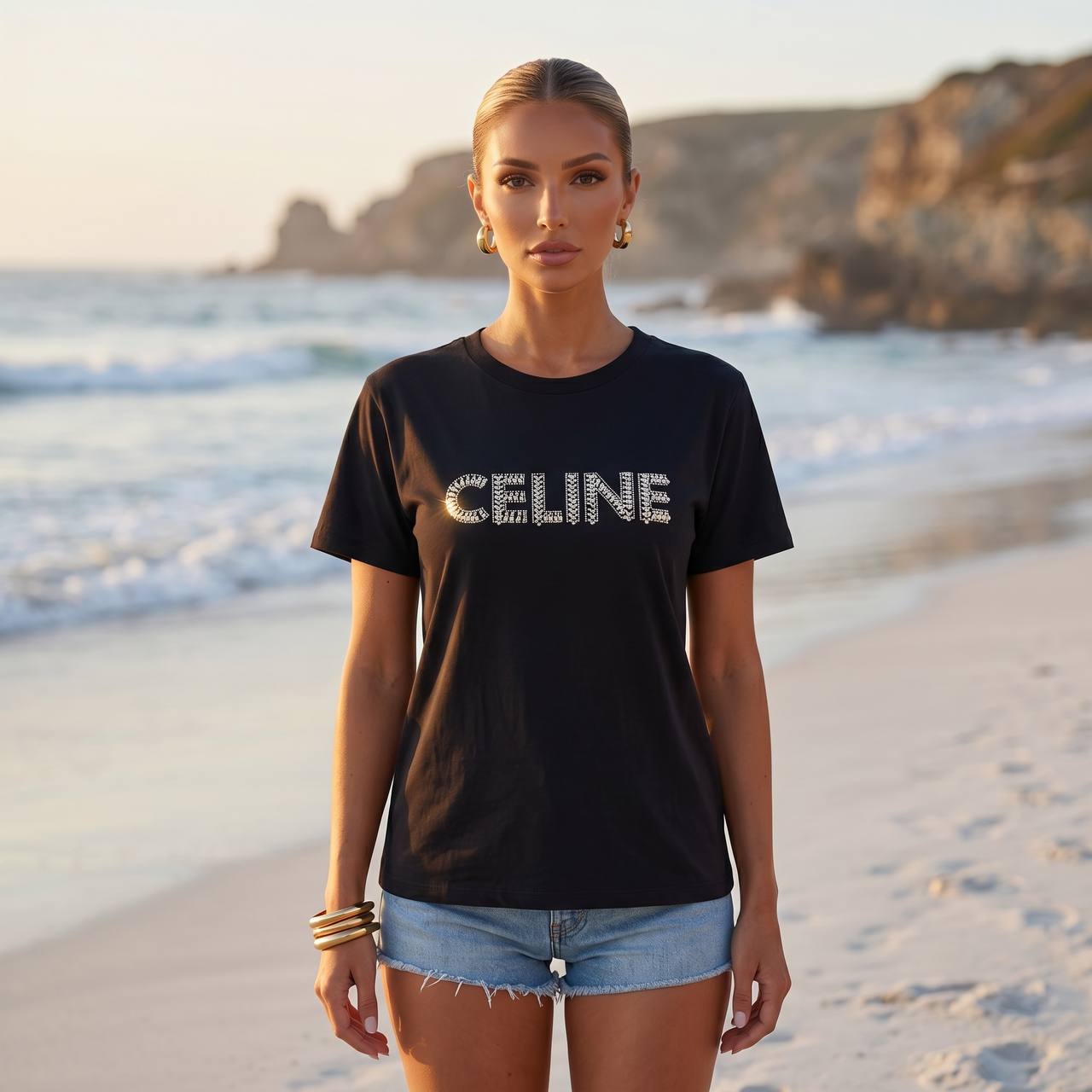 Celine Black Rhinestone Logo T-Shirt 🖤✨💎 - MASTERPIECE