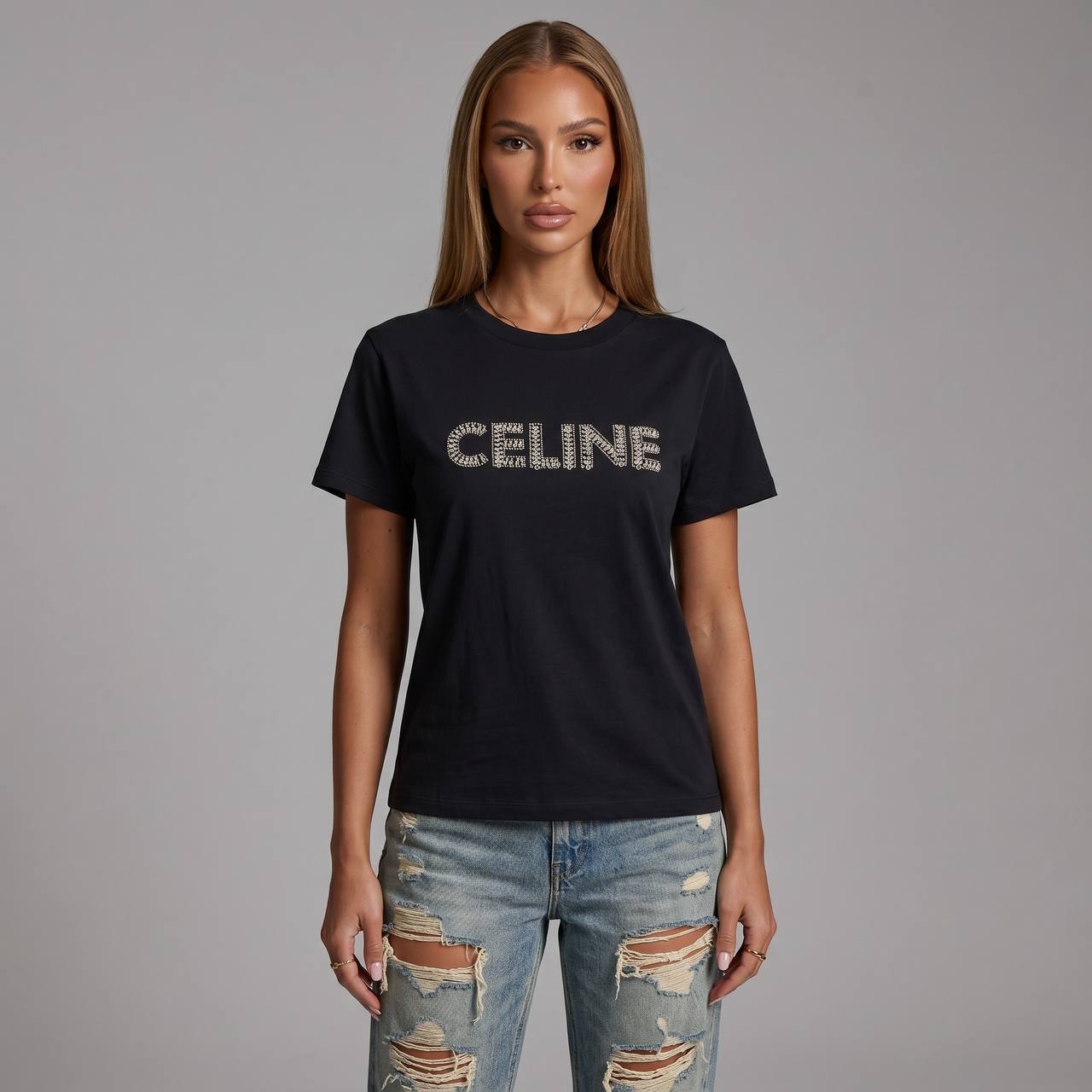 Celine Black Rhinestone Logo T-Shirt 🖤✨💎 - MASTERPIECE