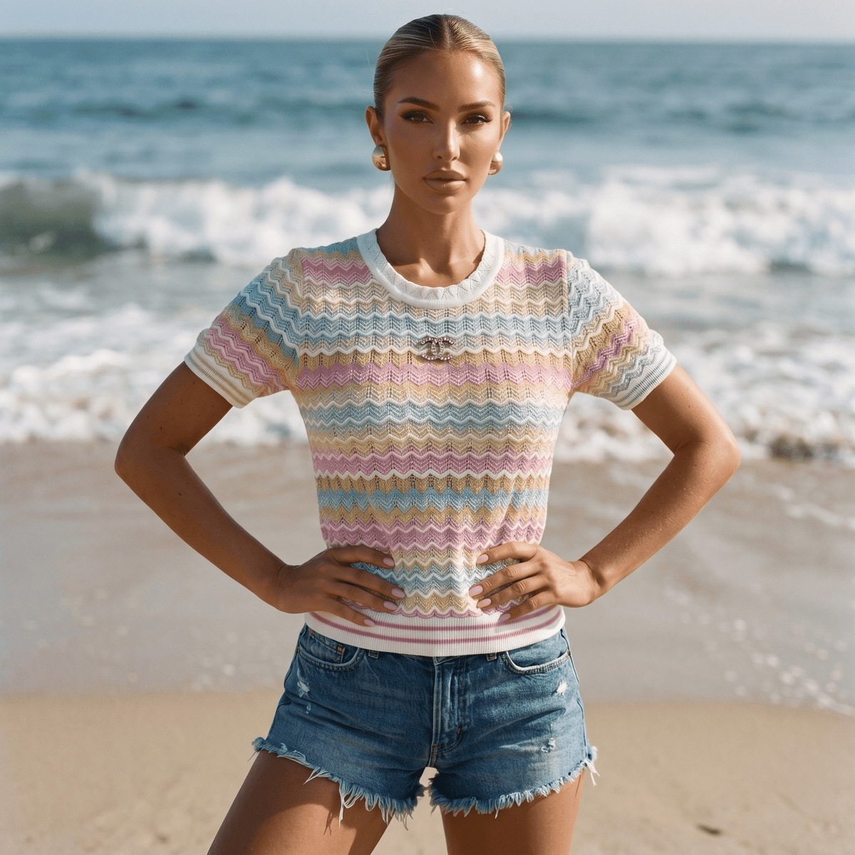 Chanel Pastel Chevron Knit Short Sleeve Top 🌸🩵✨ - MASTERPIECE