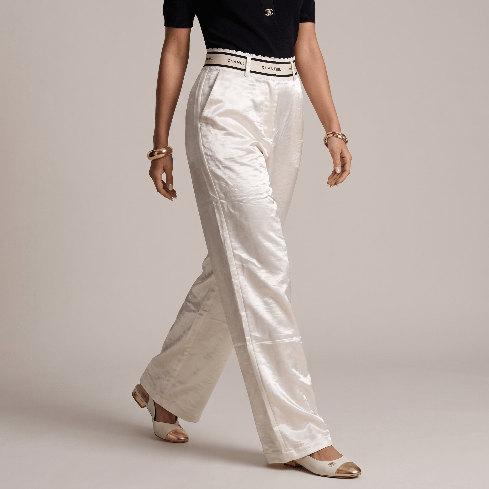 Chanel Pearl Satin Wide-Leg Trousers 🤍✨ - MASTERPIECE