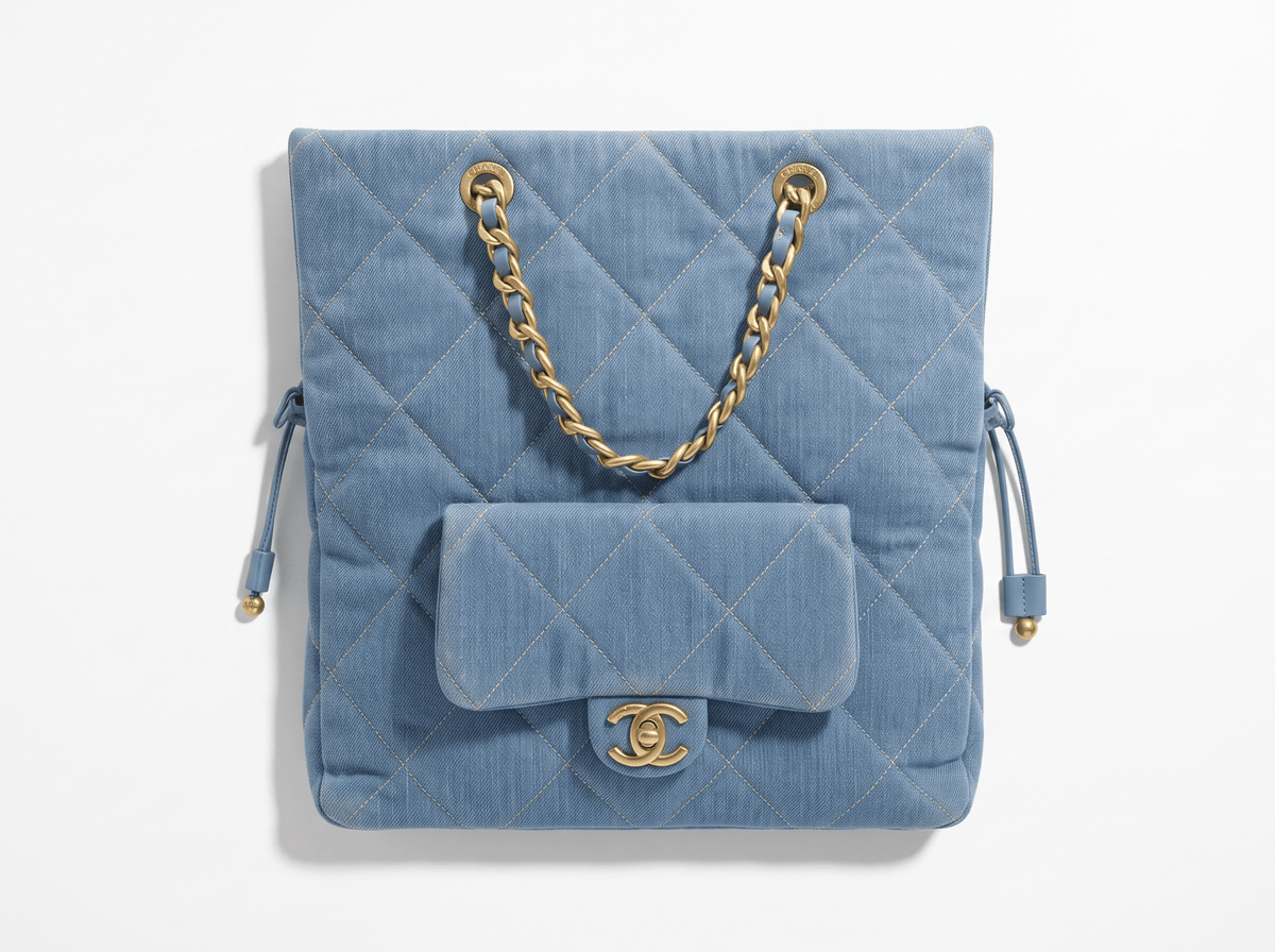 Chanel Quilted Drawstring Tote Bag with Chain Strap — Denim - MASTERPIECE