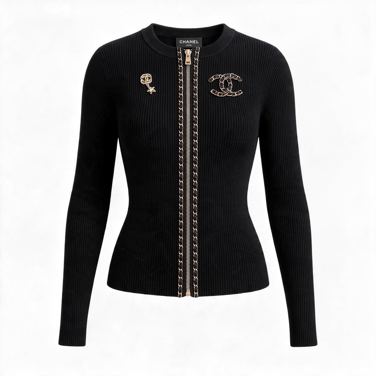 Chanel Ribbed Zip Cardigan โ Black Gold - MASTERPIECE