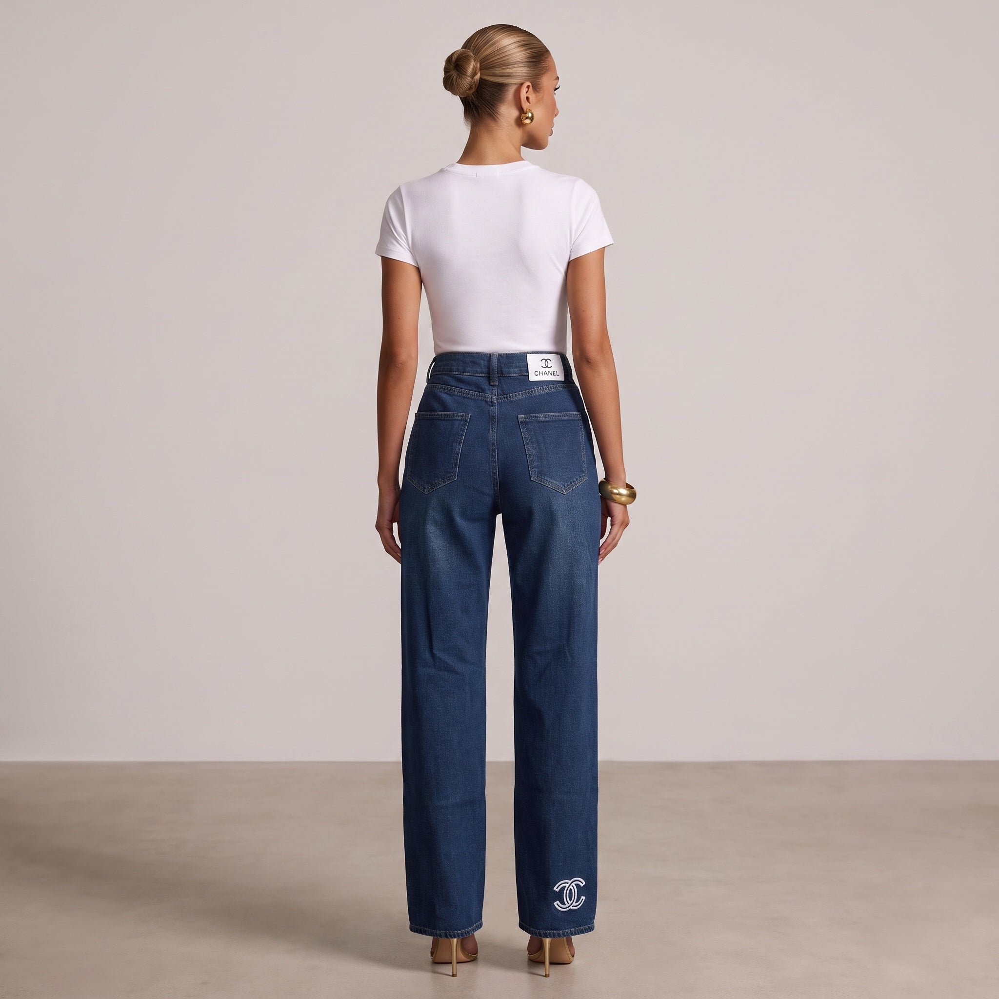 Chanel Signature Wide-Leg Denim Jeans – Blue Embroidered Logo🥥🧿 - MASTERPIECE