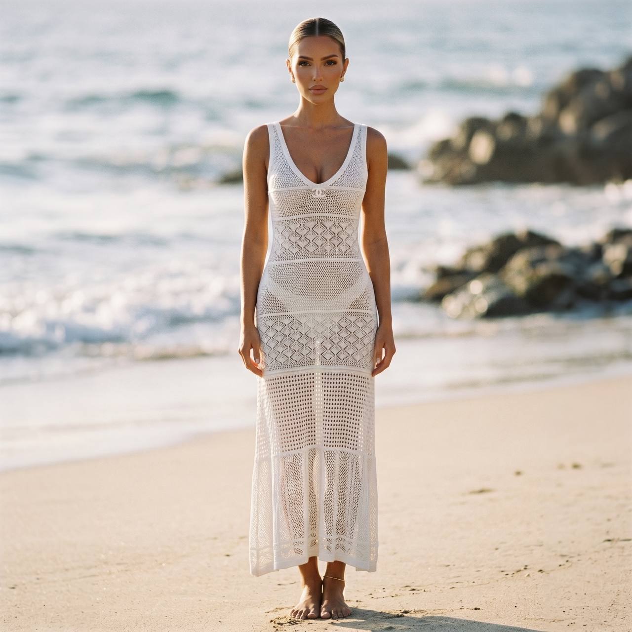 🤍 Chanel White Crochet Maxi Dress – Luxury Beach Cover-Up ✨ – MASTERPIECE
